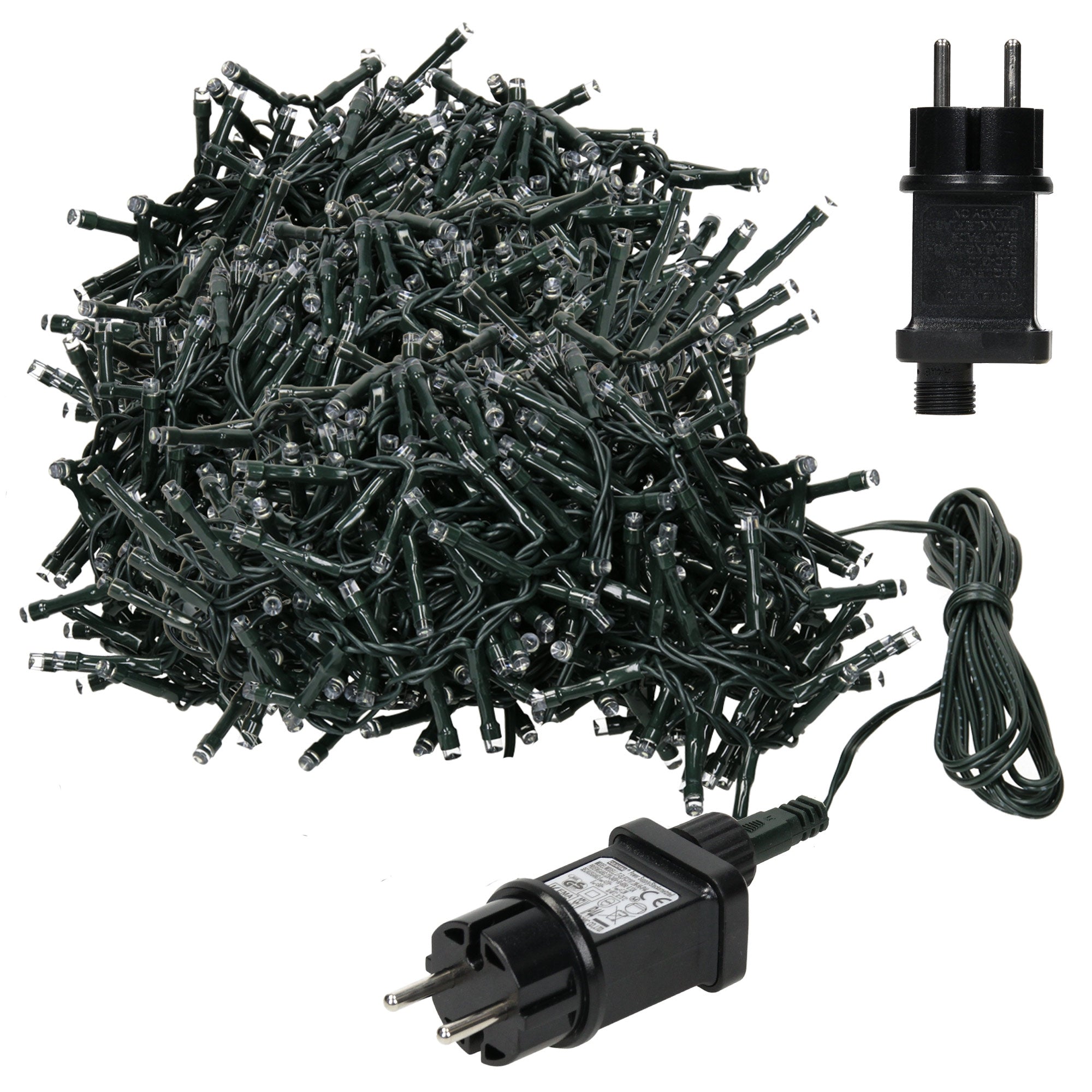 Dichte Ansammlung von grünen Lichtern und einem Stecker.