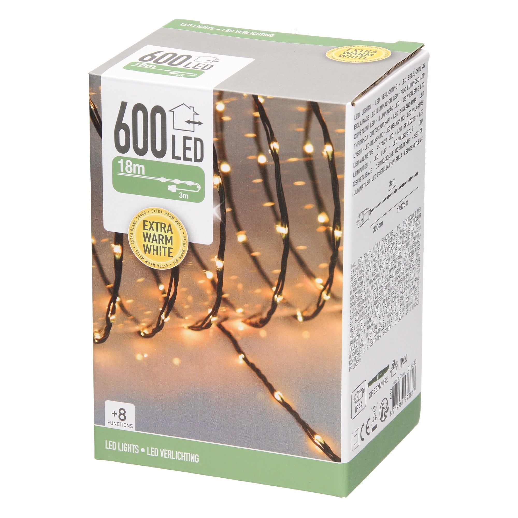 Verpackung mit LED-Lichtern, 600 LED, 18m, extra warmweiß.