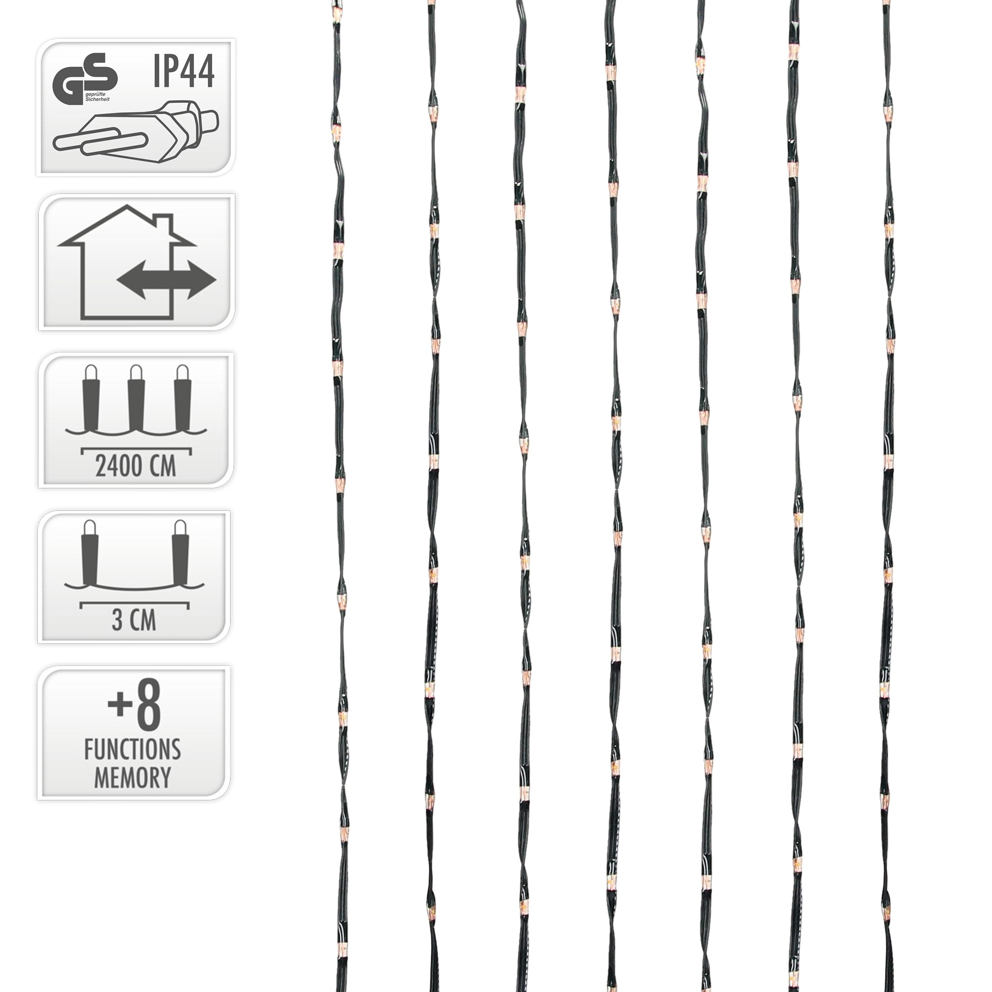 Detailansicht der LED-Lichterkette mit technischen Informationen.