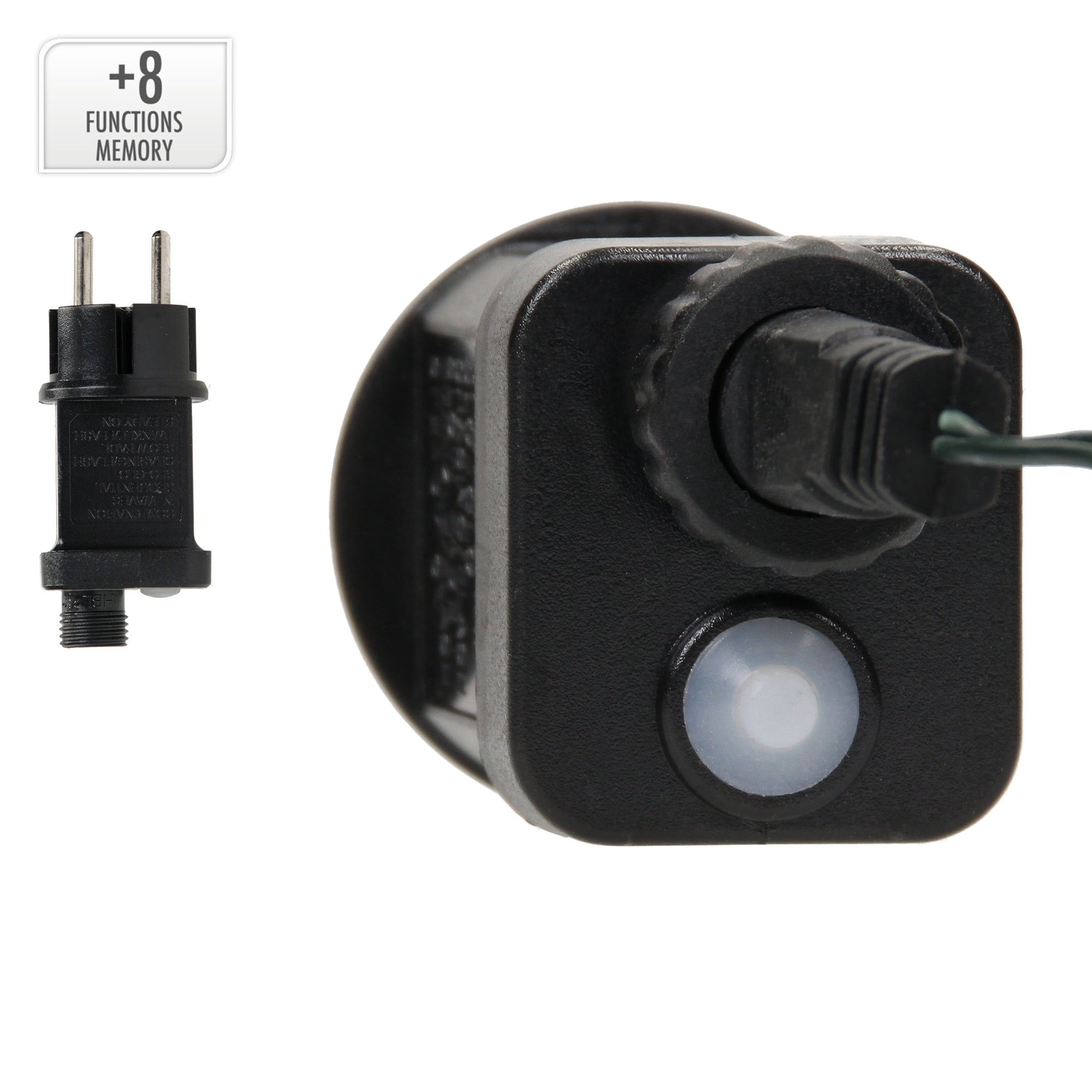 Schwarzes Netzteil mit Sensor und Stecker für LED-Lichter.