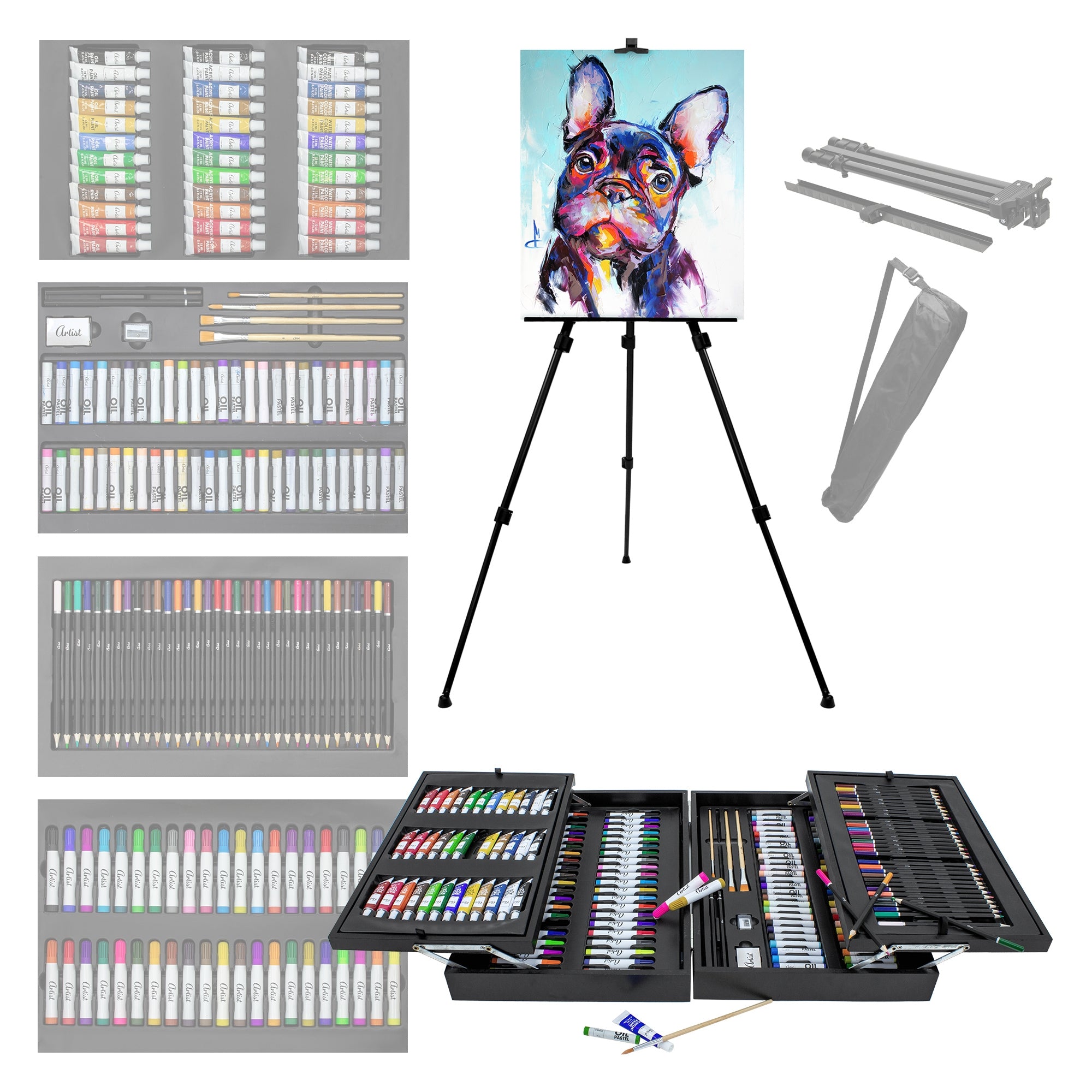 Easel, Malutensilien und ein Bild eines Hundes auf einem Stativ.