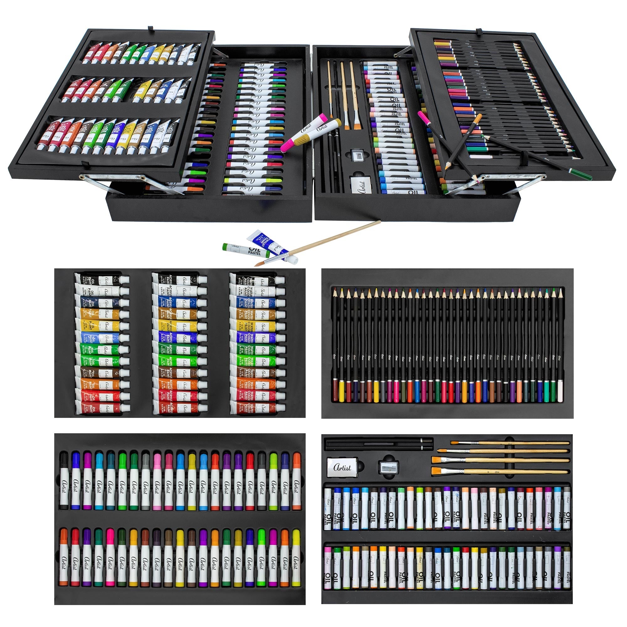 Open art supplies box with various colors and pens.