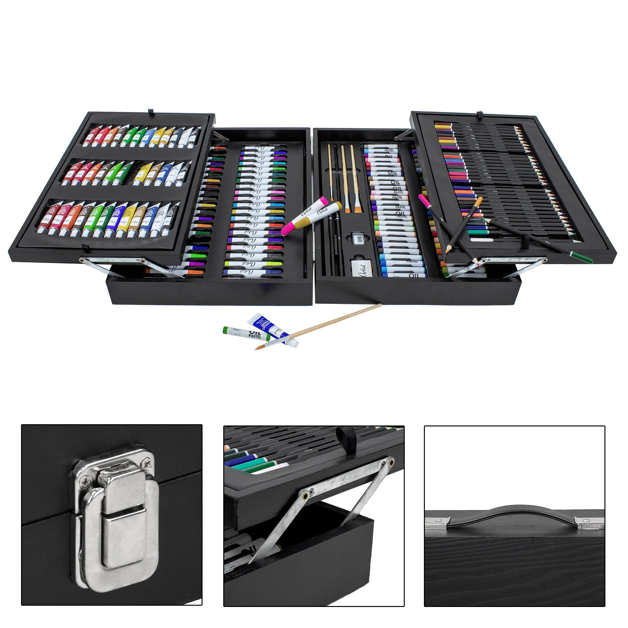 Open painter's box with various colors and tools, on a table.