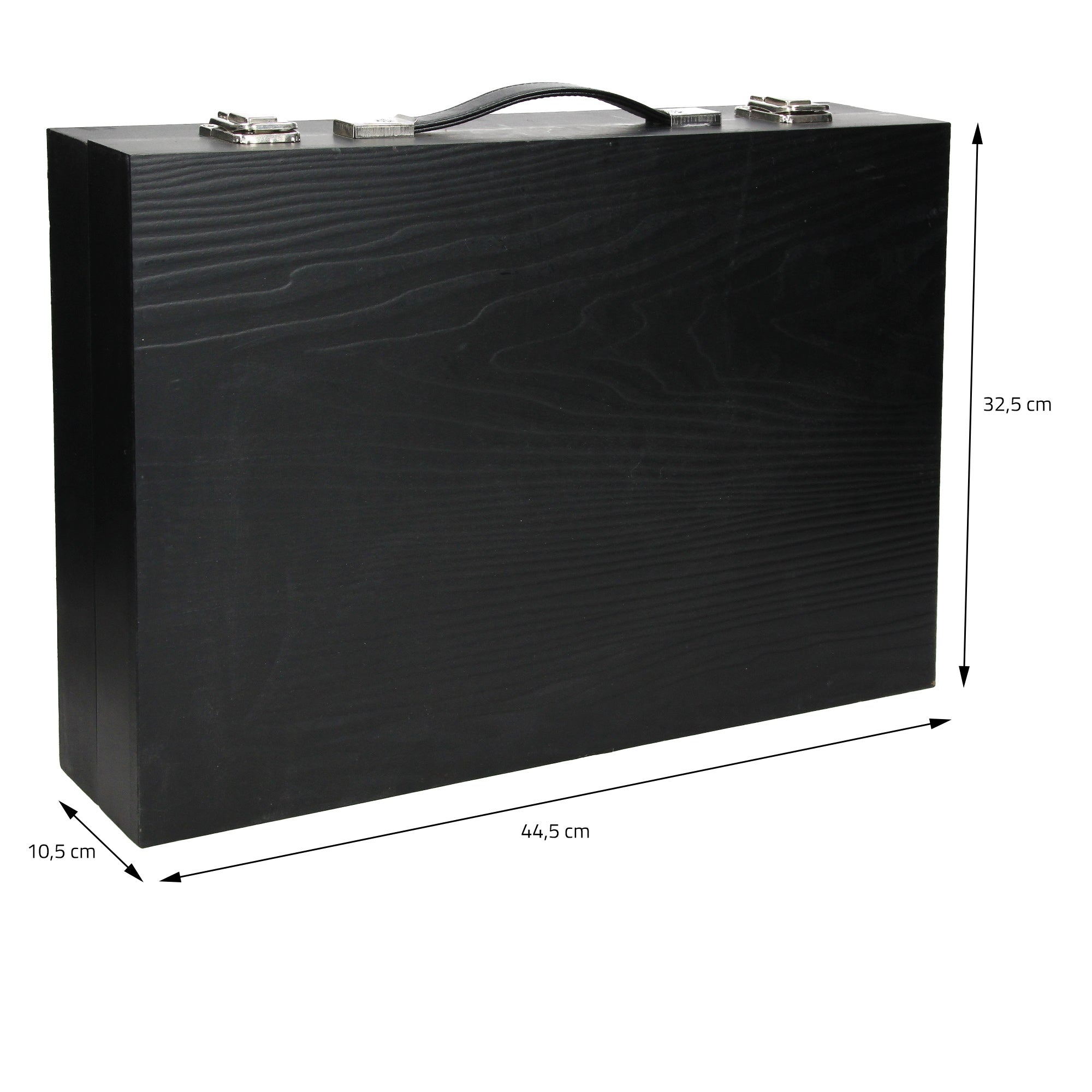 Black case with dimensions: 44.5 cm x 32.5 cm x 10.5 cm.