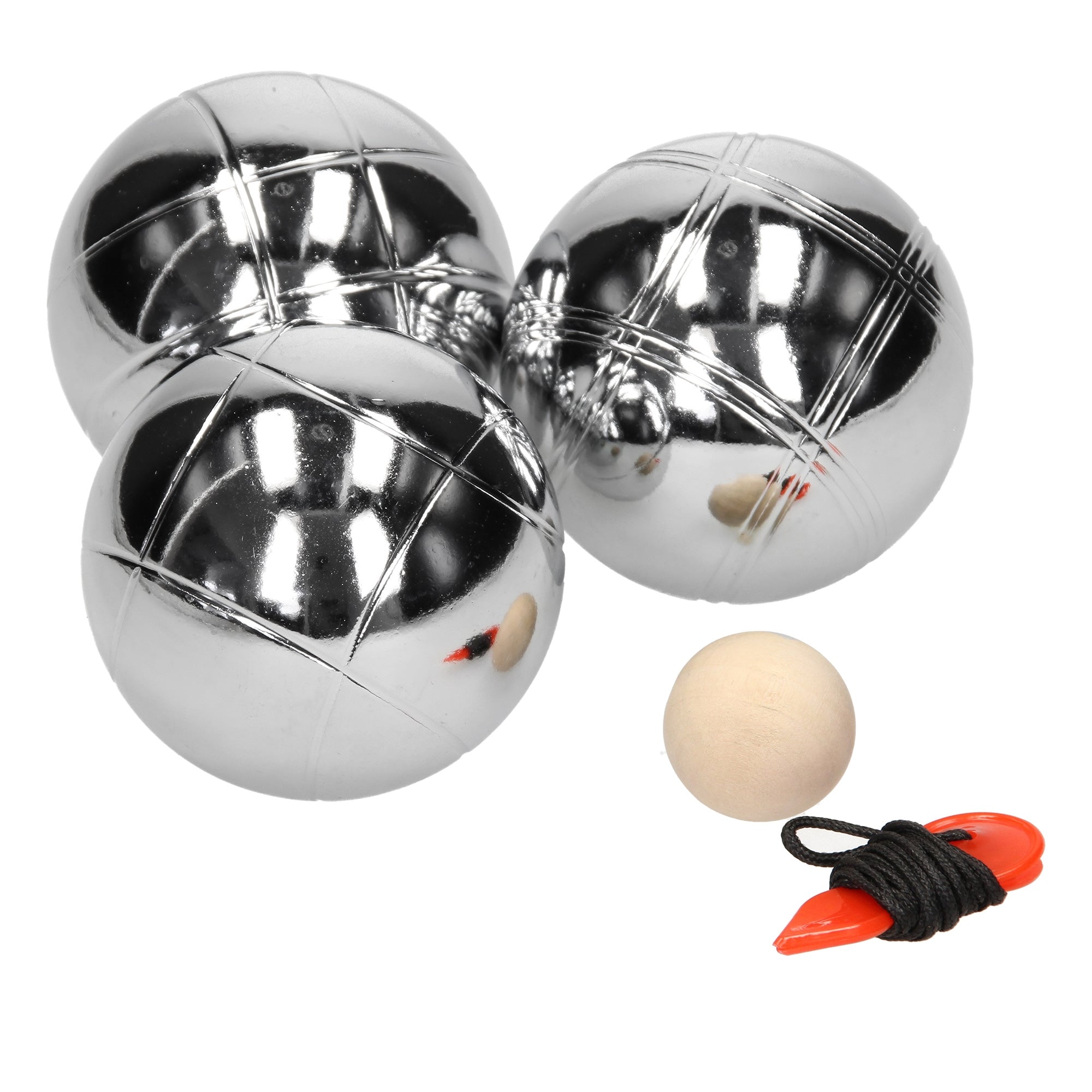 Drei silberne Kugeln und ein Holzball mit Schnur.