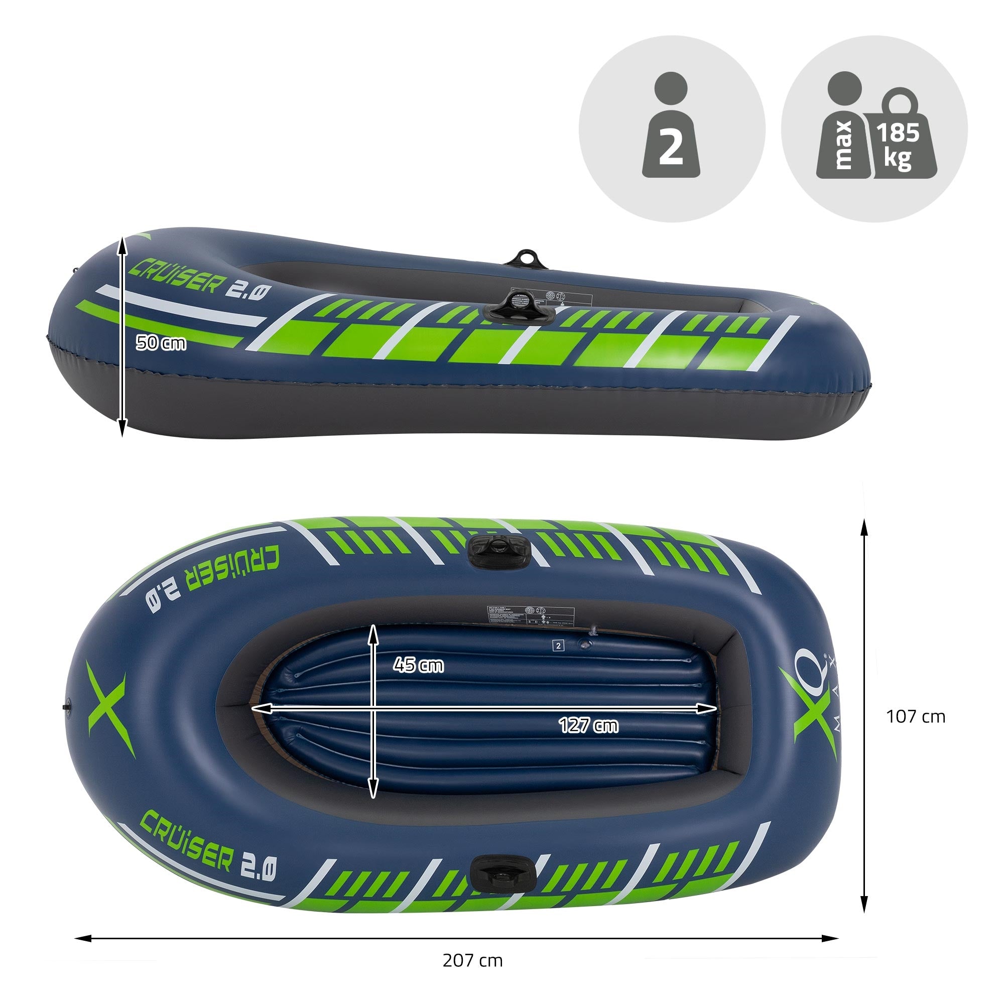 Kayak inflable con dimensiones y capacidad para dos personas.
