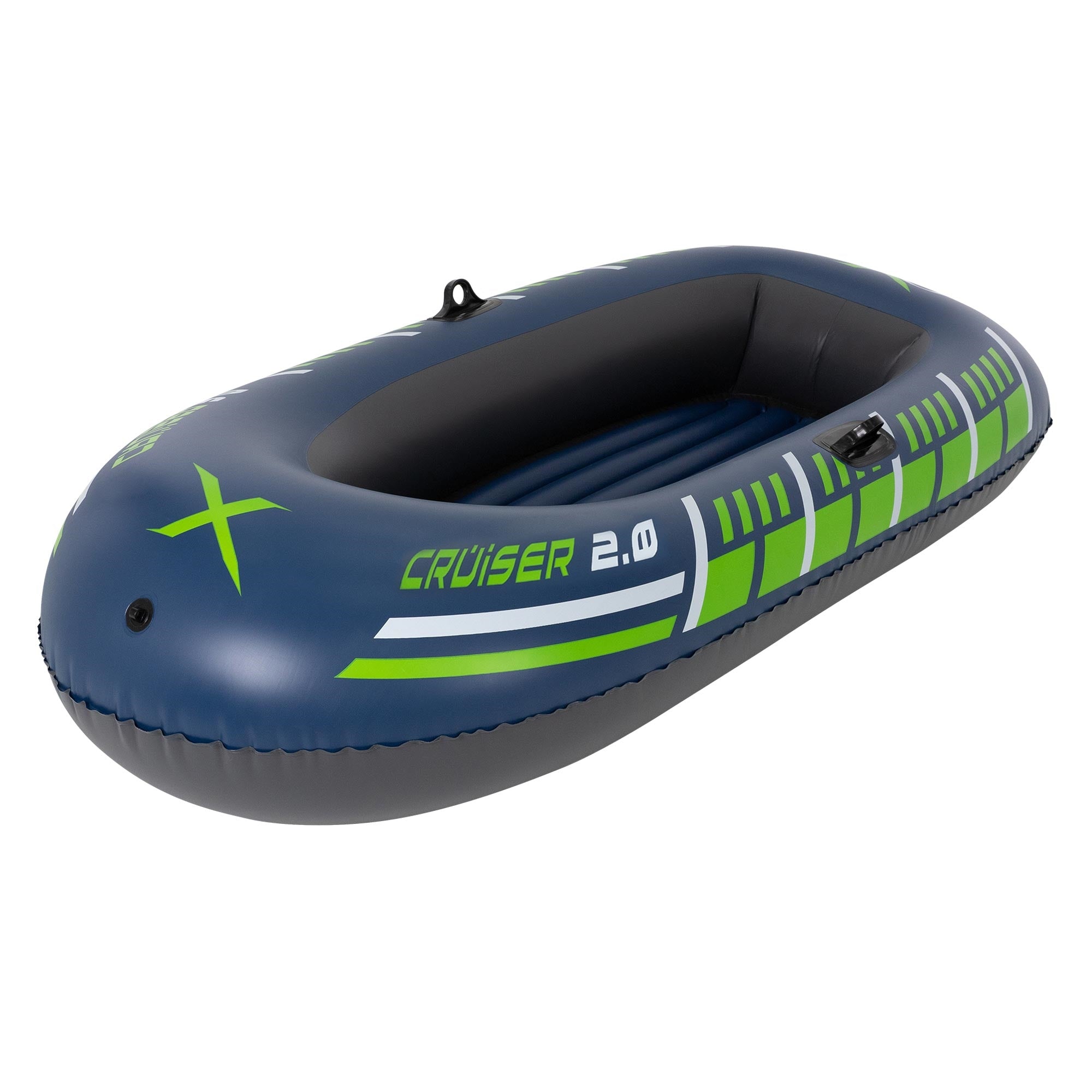 Kayak inflable en azul con acentos verdes.