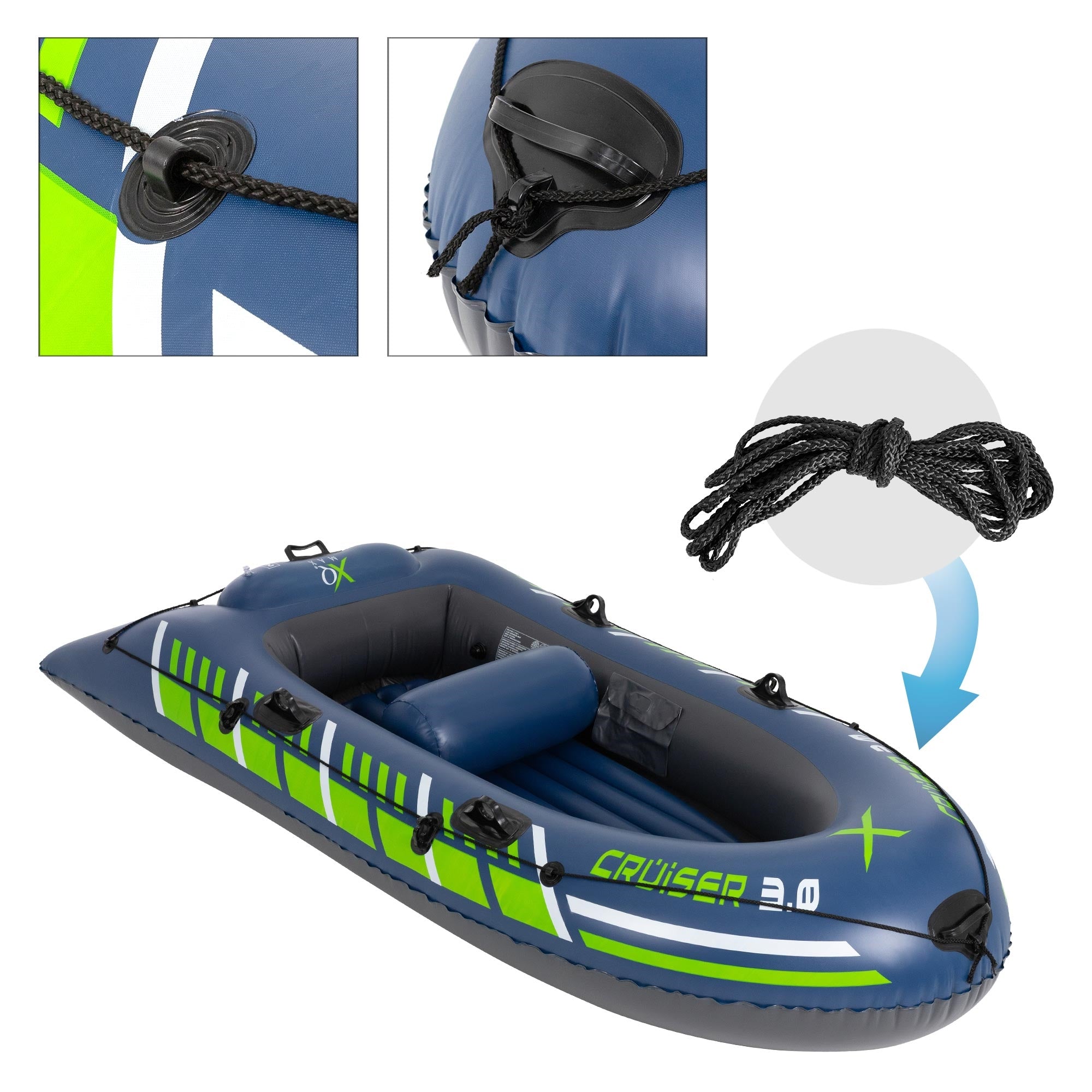 Ein aufblasbares Boot in Blau und Grün mit einem Seil und einem Ventil.