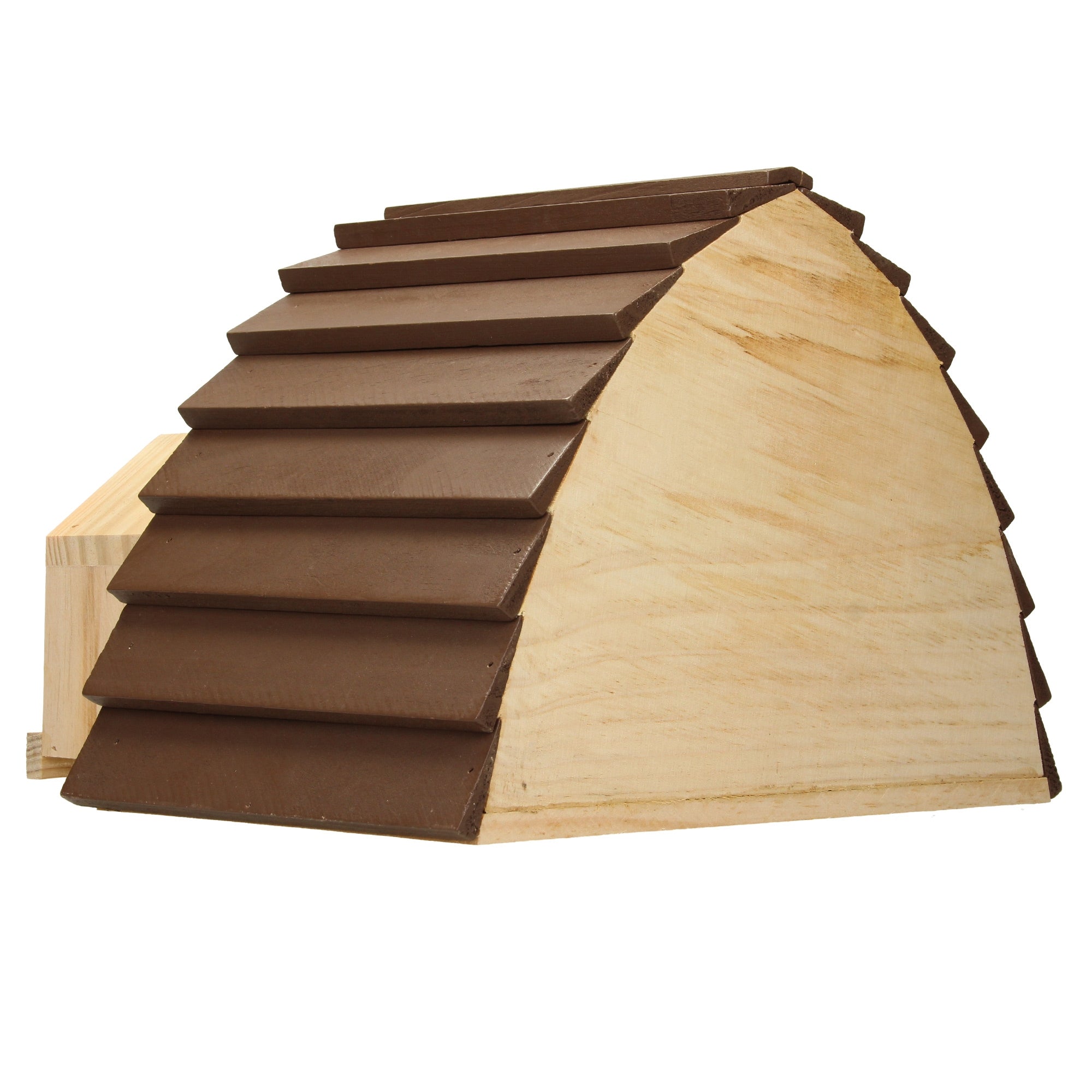Ein hölzernes Vogelhaus mit einem schrägen Dach.