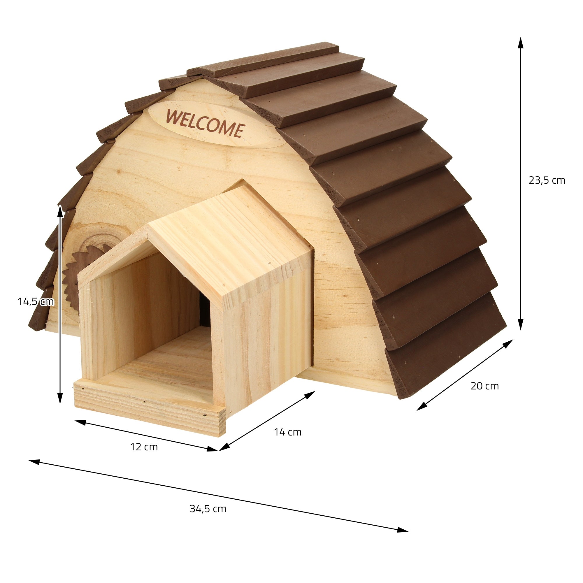Holzhaus mit zwei Eingängen und einem Dach aus Schindeln, Maße angegeben.
