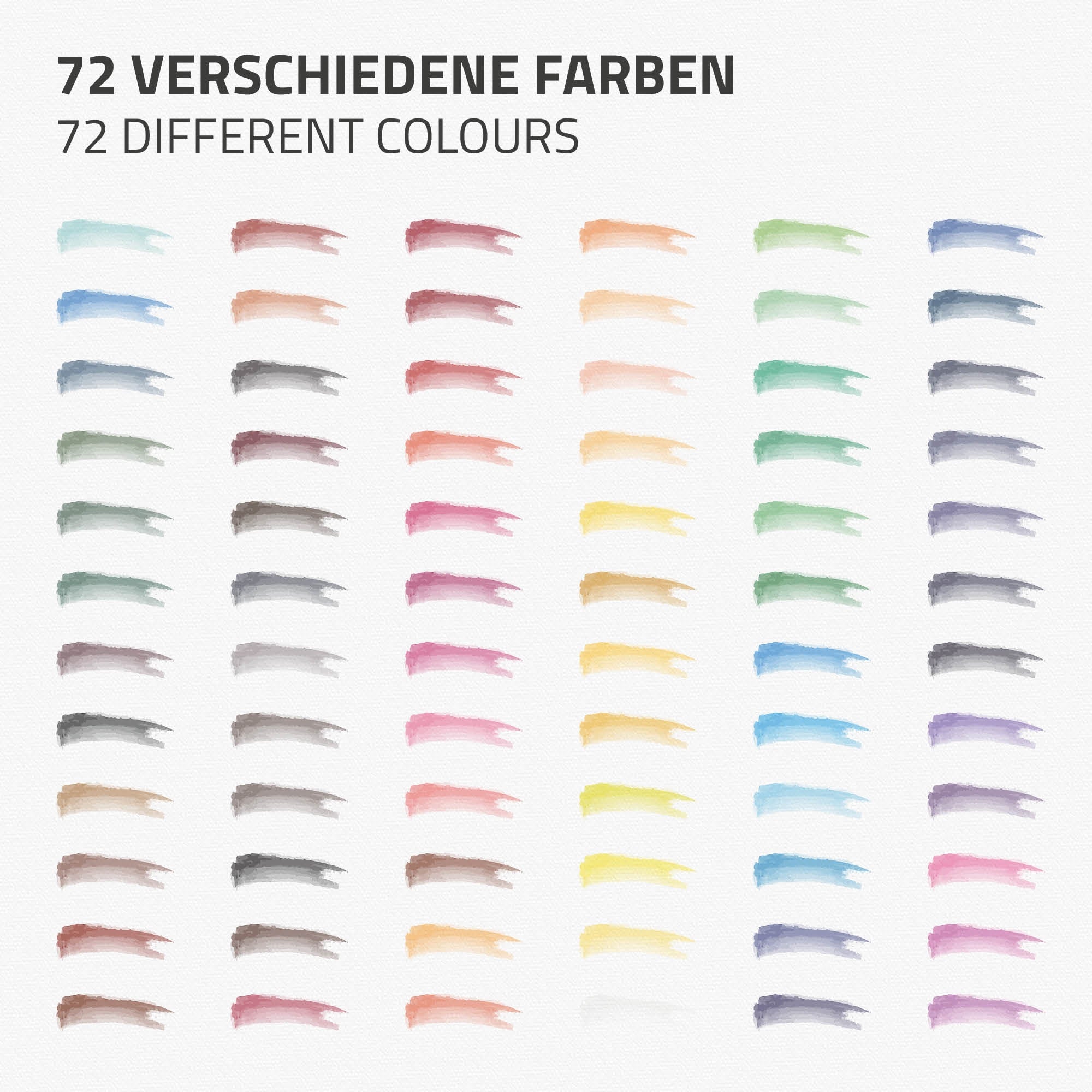 72 Farbstriche in verschiedenen Farben auf weißem Hintergrund.