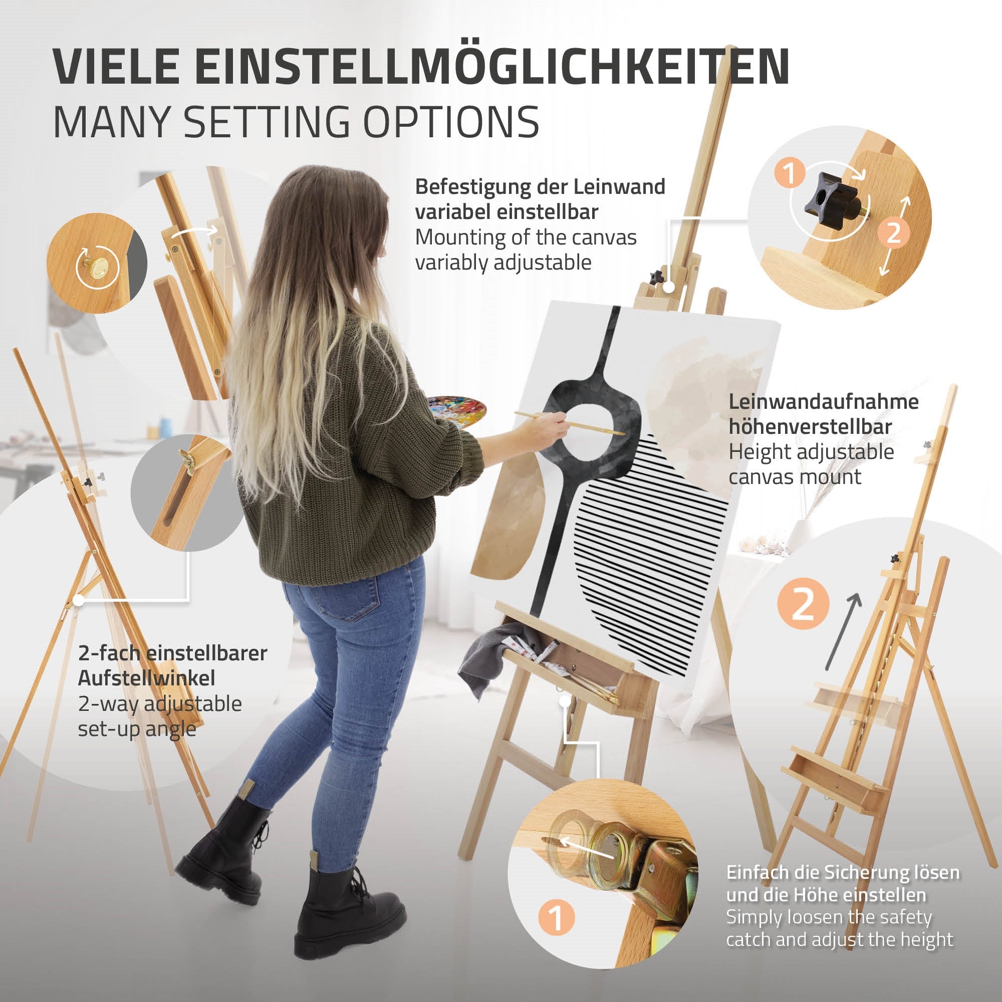 Woman painting at an easel with adjustable options in the background.