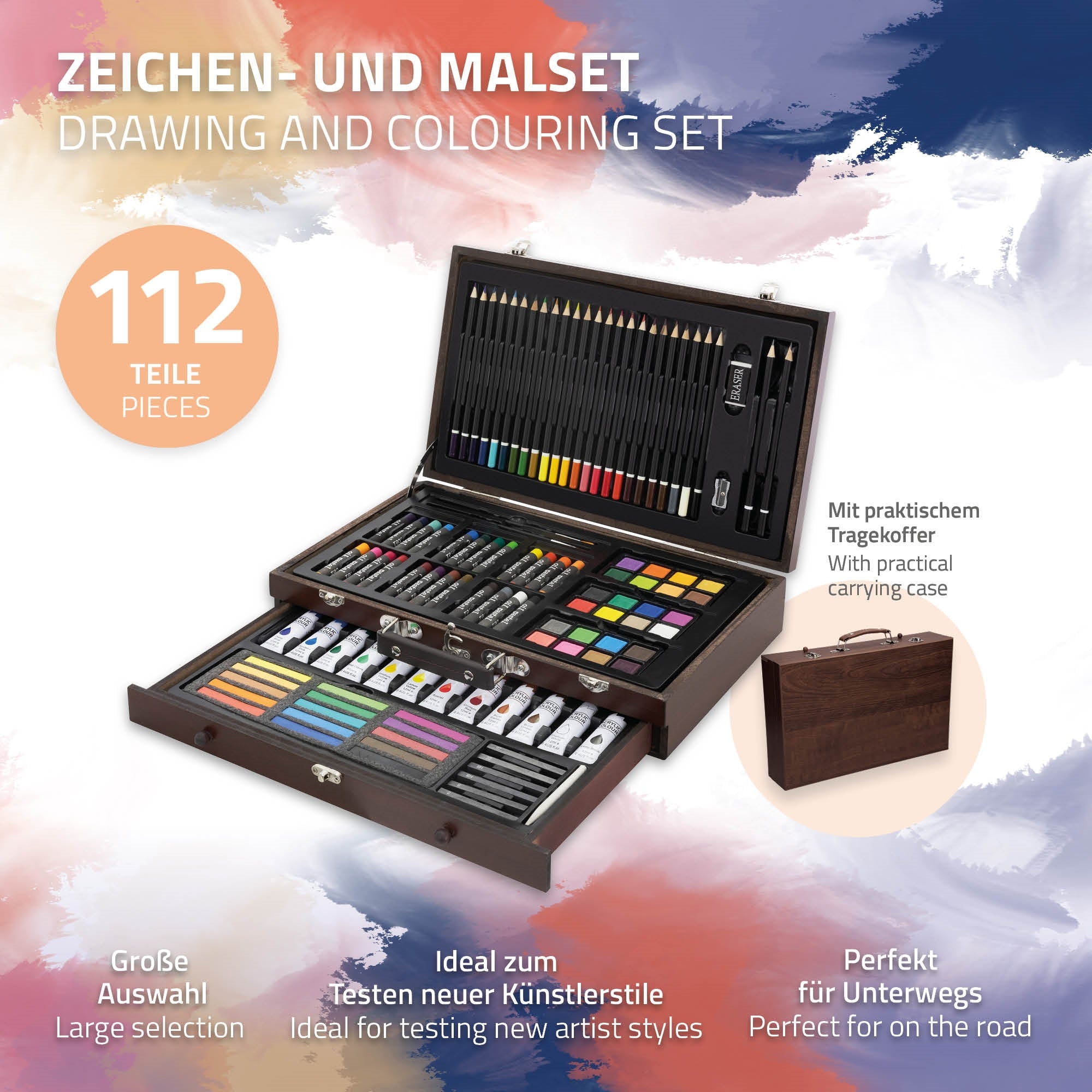 Zeichen- und Malset mit 112 Teilen, geöffnet, in einem Koffer