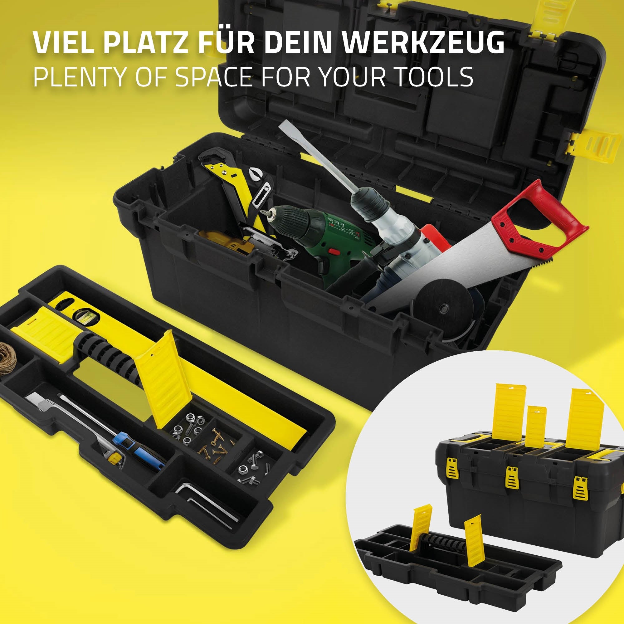 Schwarze Werkzeugkiste mit gelben Fächern und Werkzeugen auf gelbem Hintergrund.
