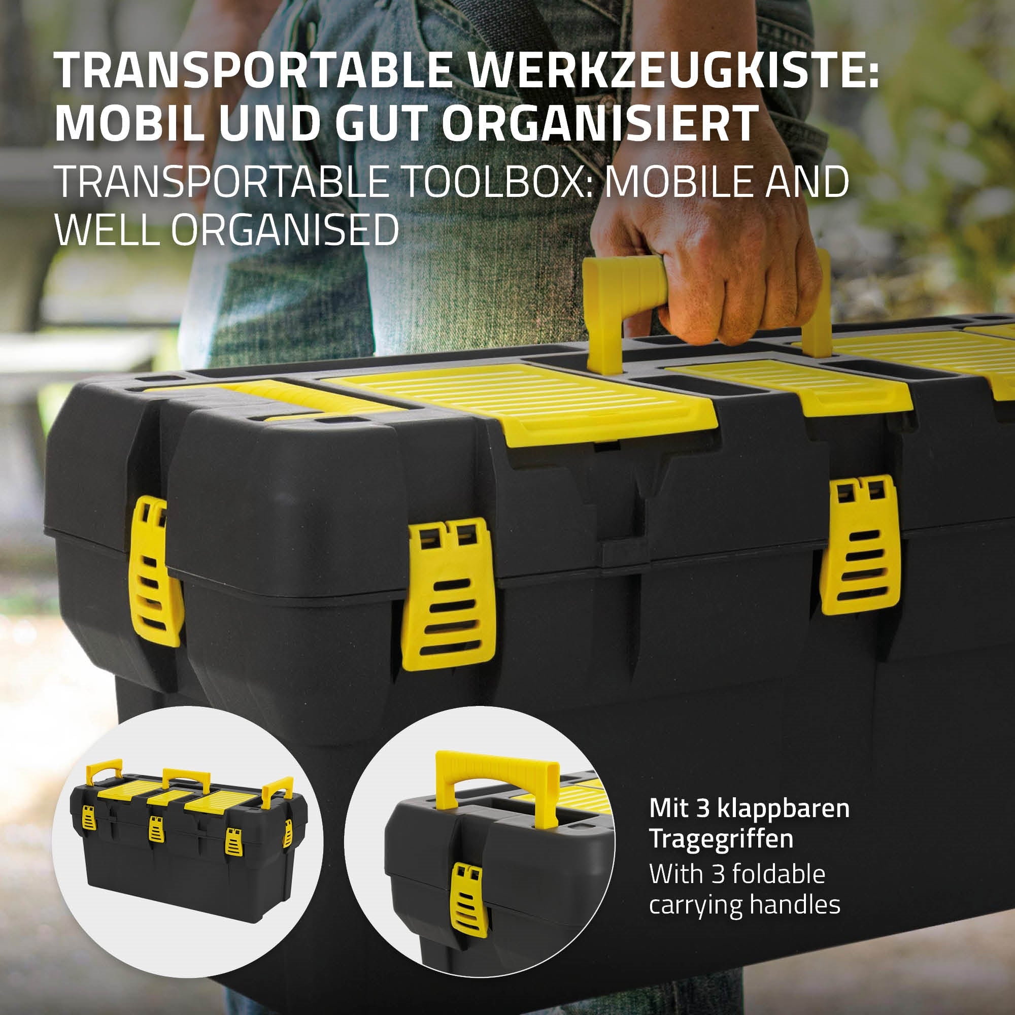 Schwarze Werkzeugkiste mit gelben Griffen, geschlossen.
