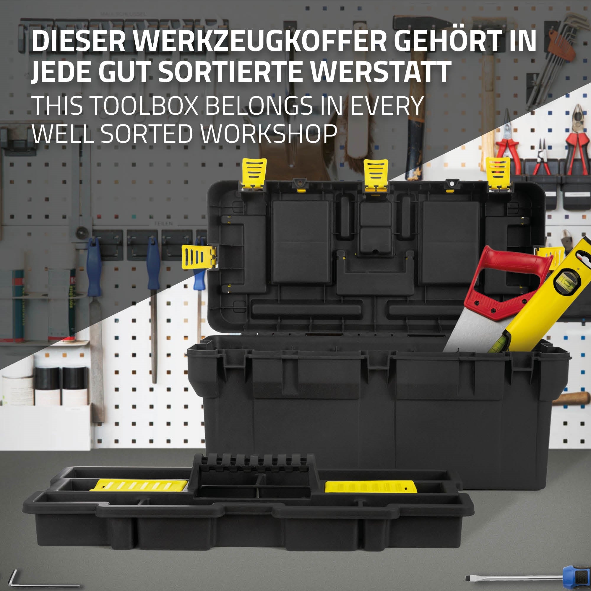 Schwarzer Werkzeugkoffer mit gelben Verschlüssen, geöffnet und geschlossen.