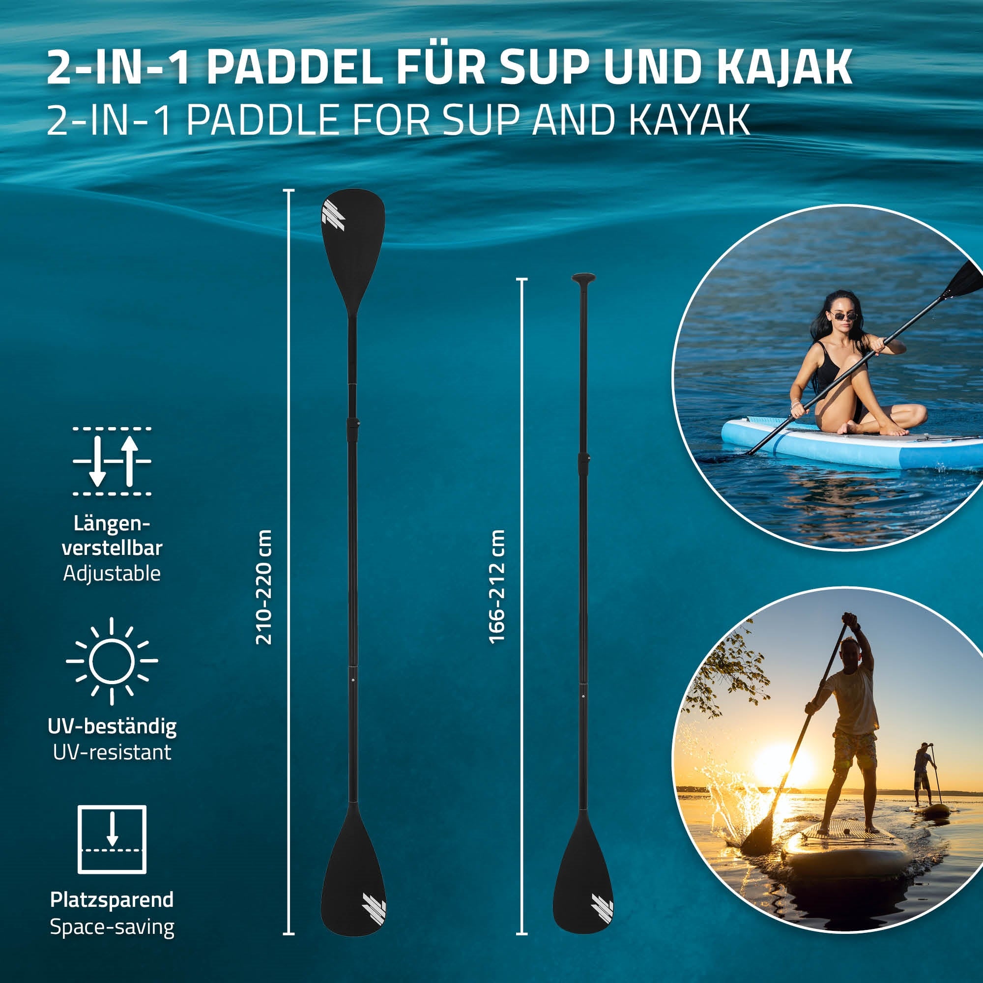 2-in-1 Paddel für SUP und Kajak mit verstellbarer Länge und UV-beständig.