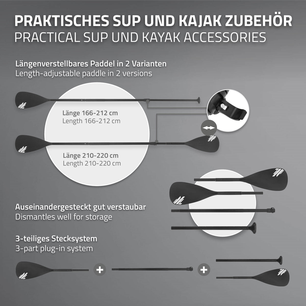 Grafika s různými pádly pro SUP a kajak, rozměry a detaily.