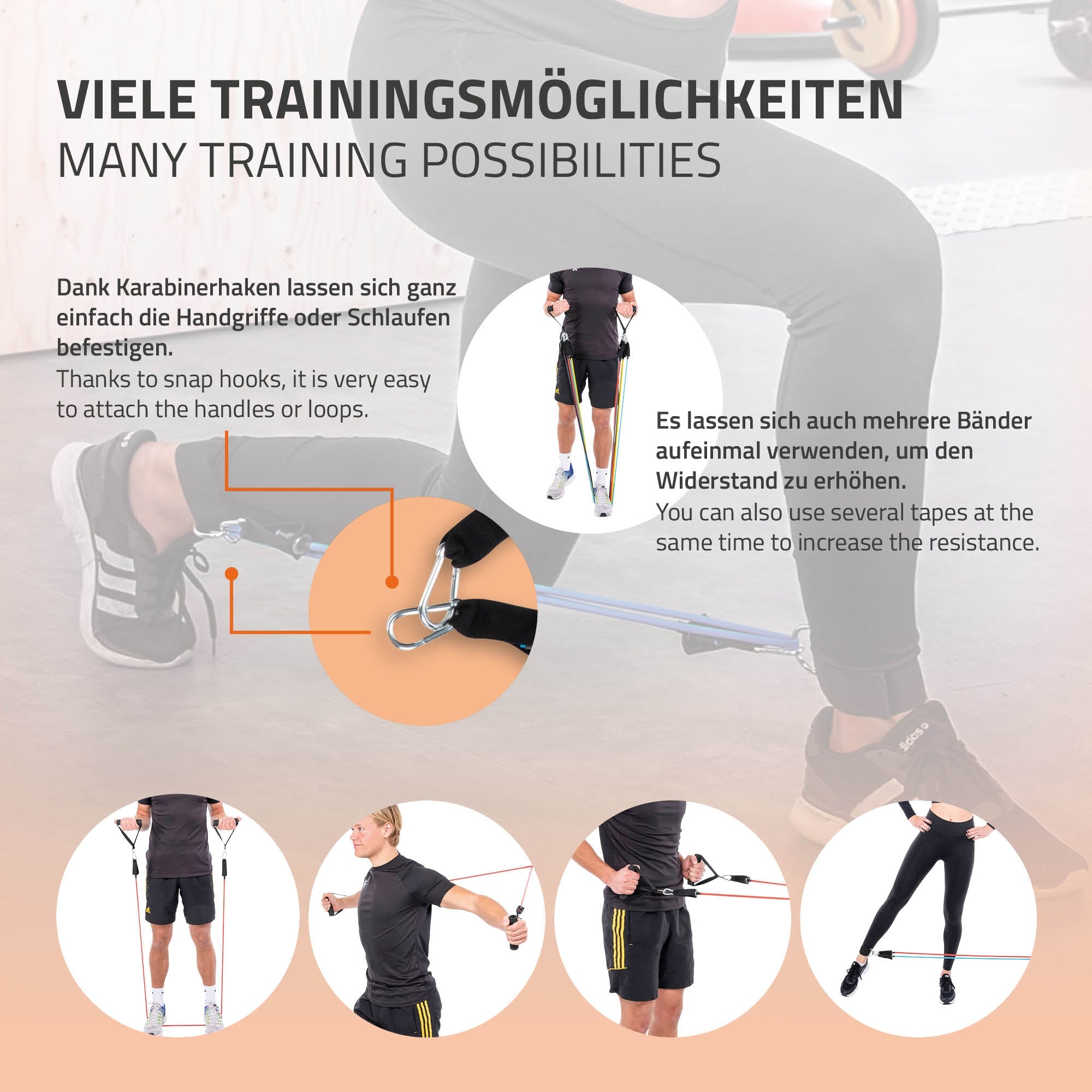 Grafik mit verschiedenen Trainingsmöglichkeiten und Karabinerhaken zur Befestigung.