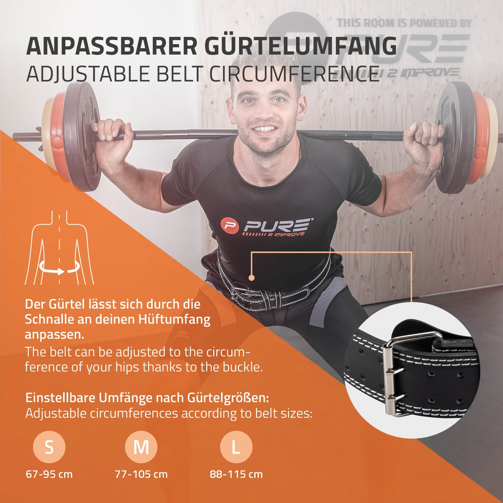 Mann mit Gewichthebergürtel, der Gürtel ist an die Hüfte angepasst.