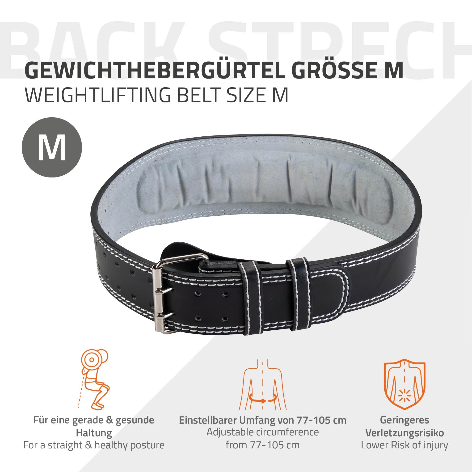 Gewichthebergürtel Größe M, einstellbar von 77-105 cm.