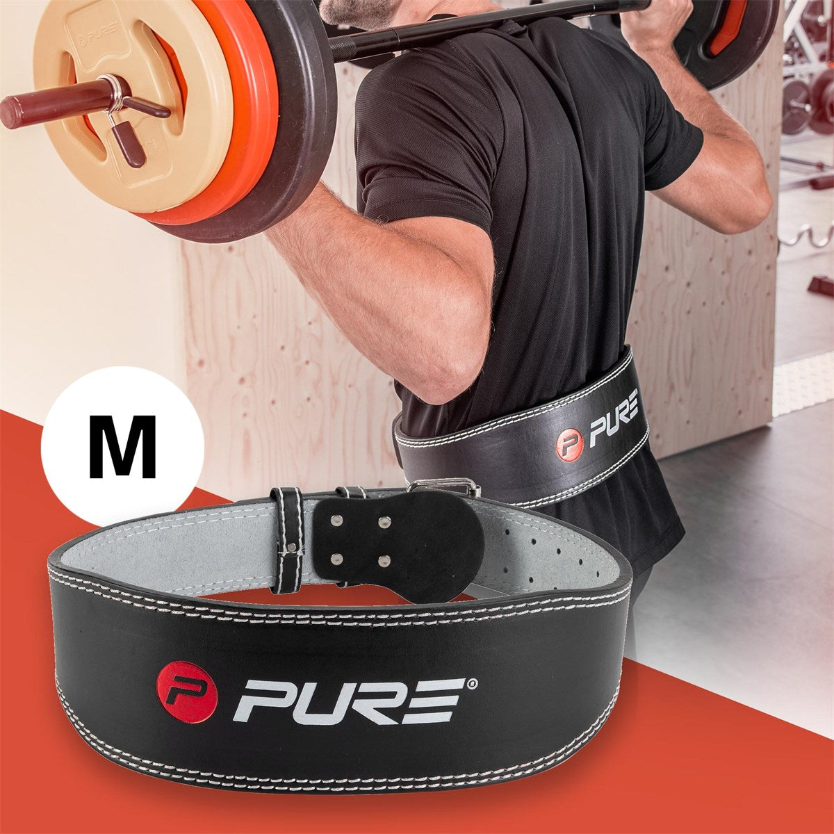 Black weightlifting belt with a red logo, worn by a person while lifting.