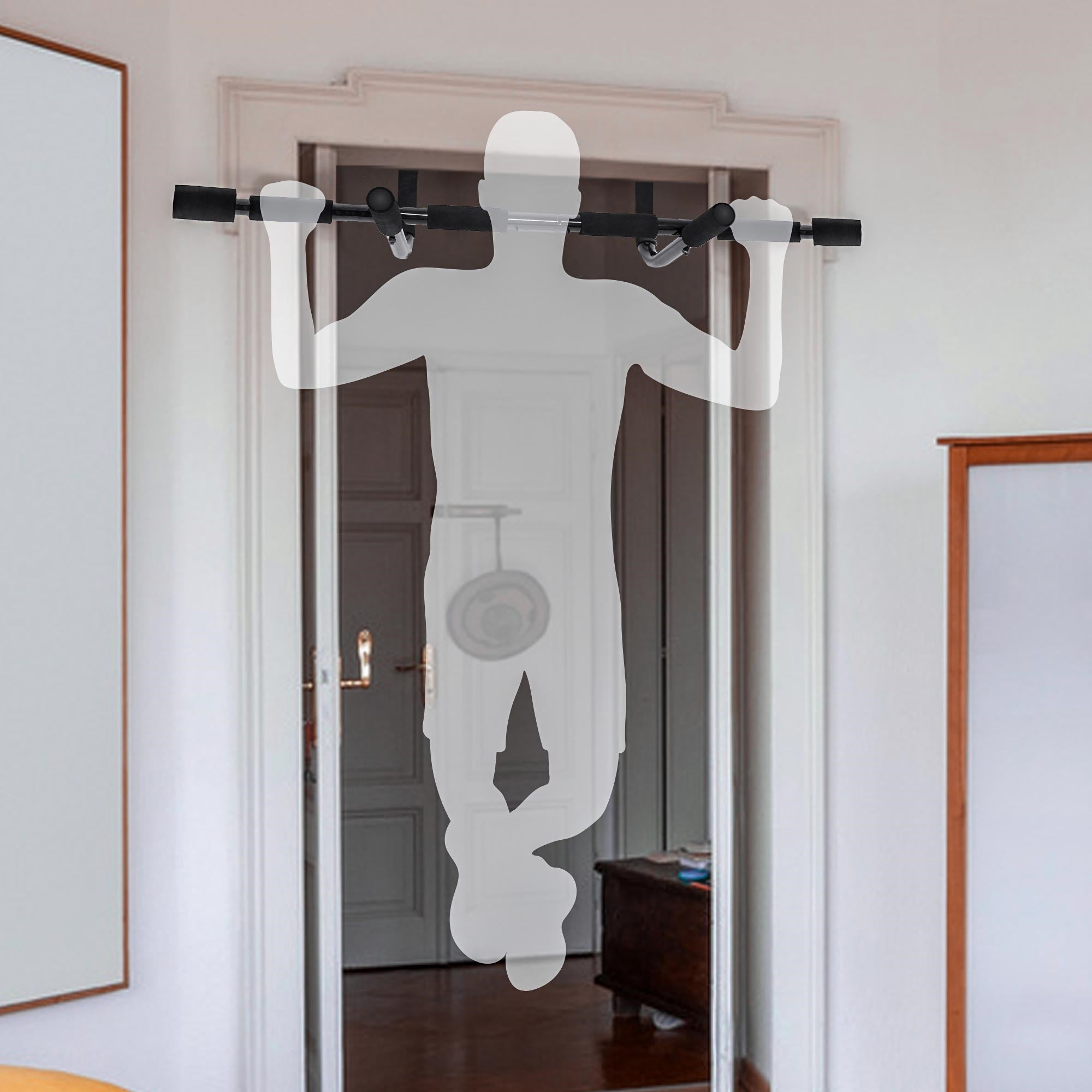 Ein Türrahmen mit einer Klimmzugstange und einer transparenten Silhouette einer Person.