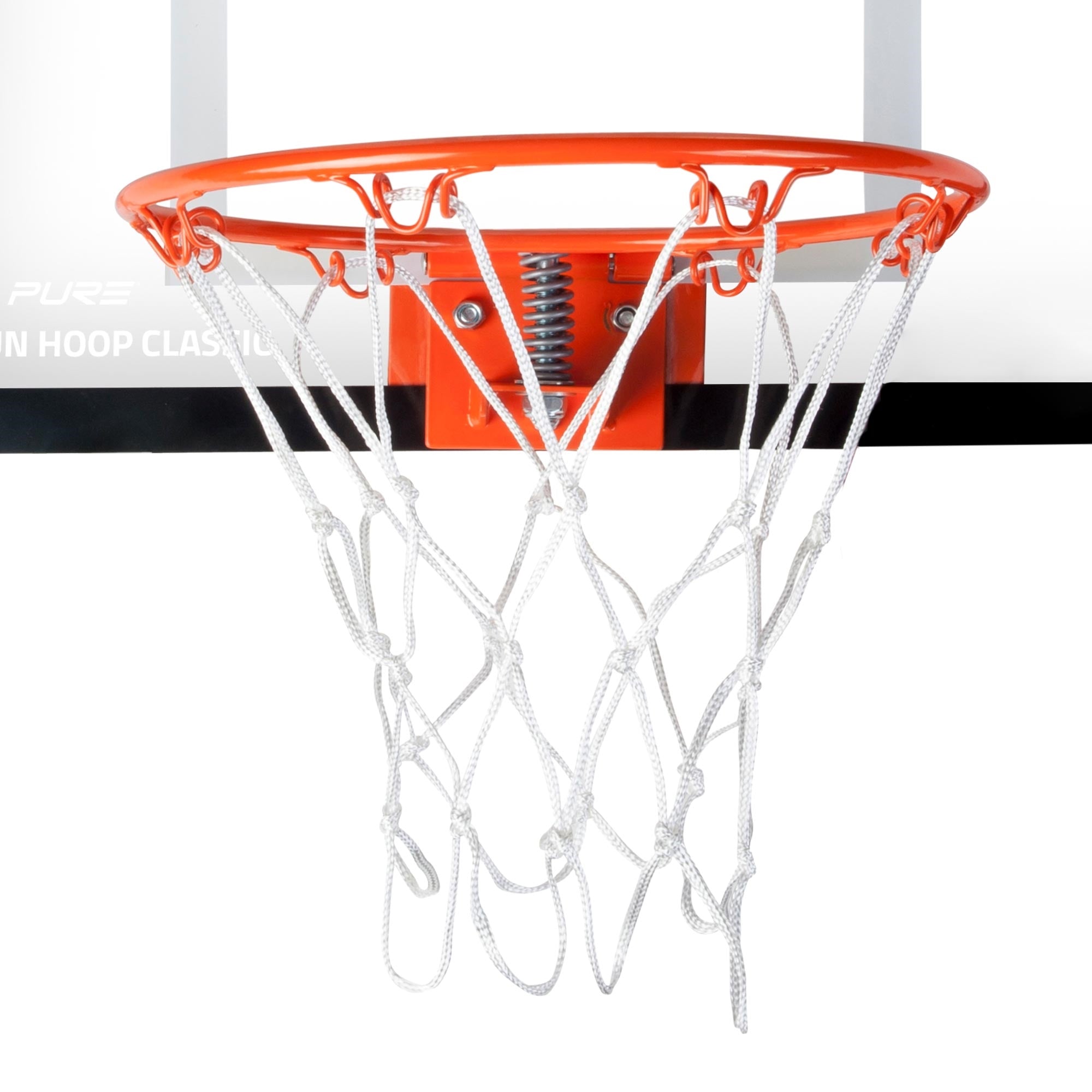 Basketballkorb mit Netz, orangefarbener Ring und weißen Schnüren.