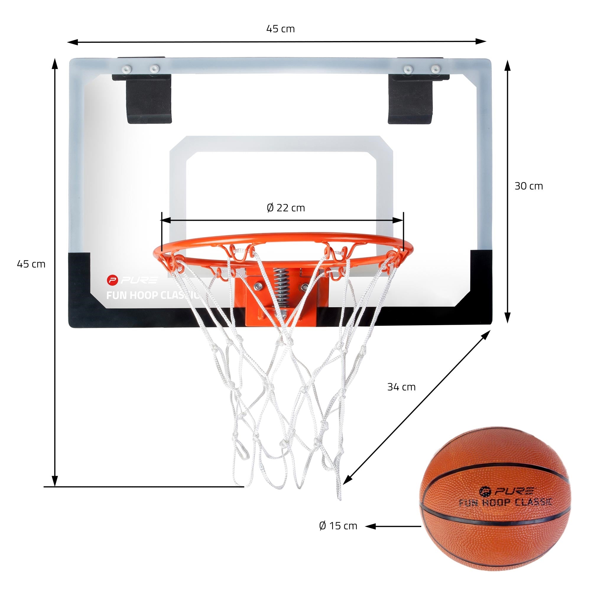 Basketballkorb mit Abmessungen und einem Basketball daneben.