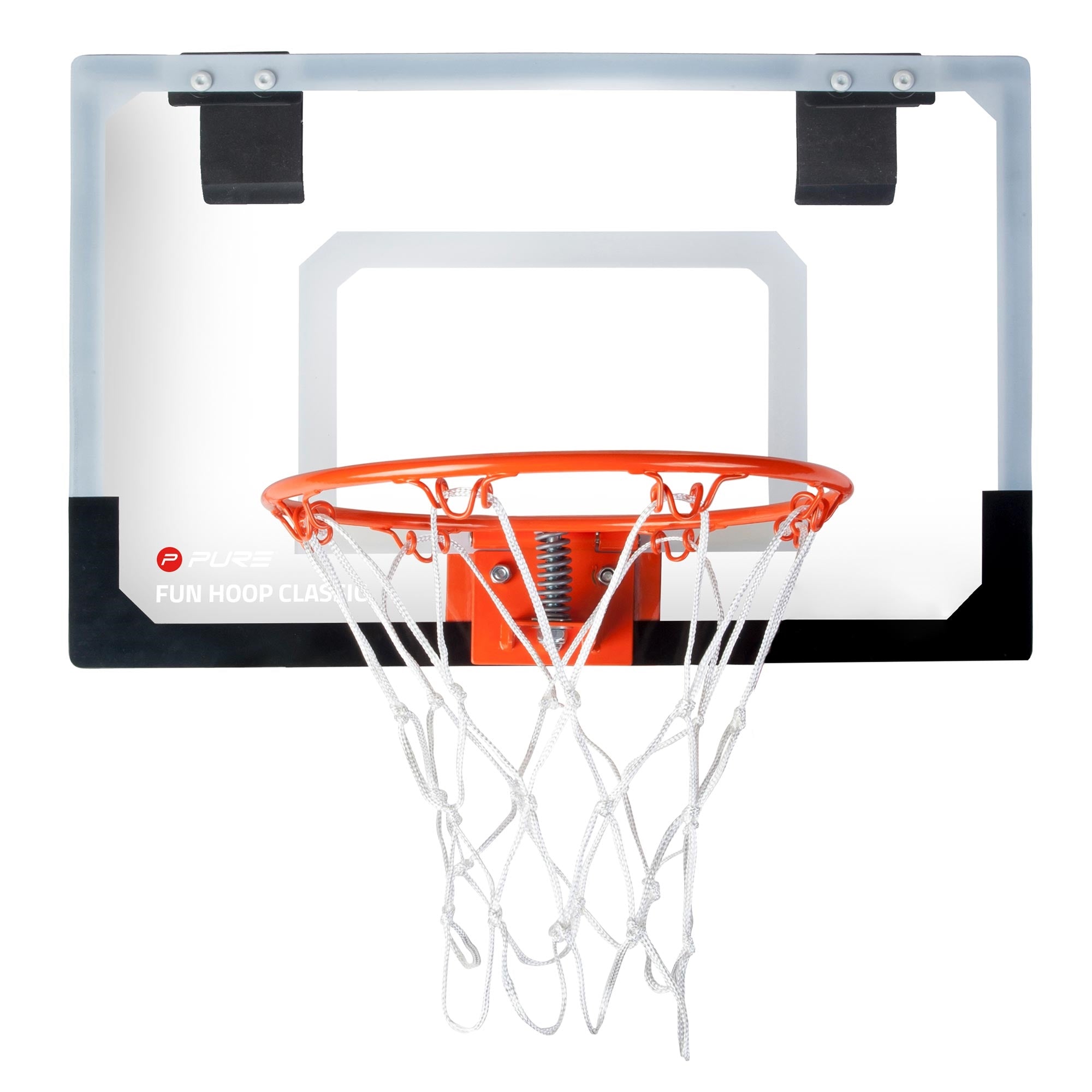 Basketballbrett mit orangefarbenem Korb und transparentem Rückbrett.