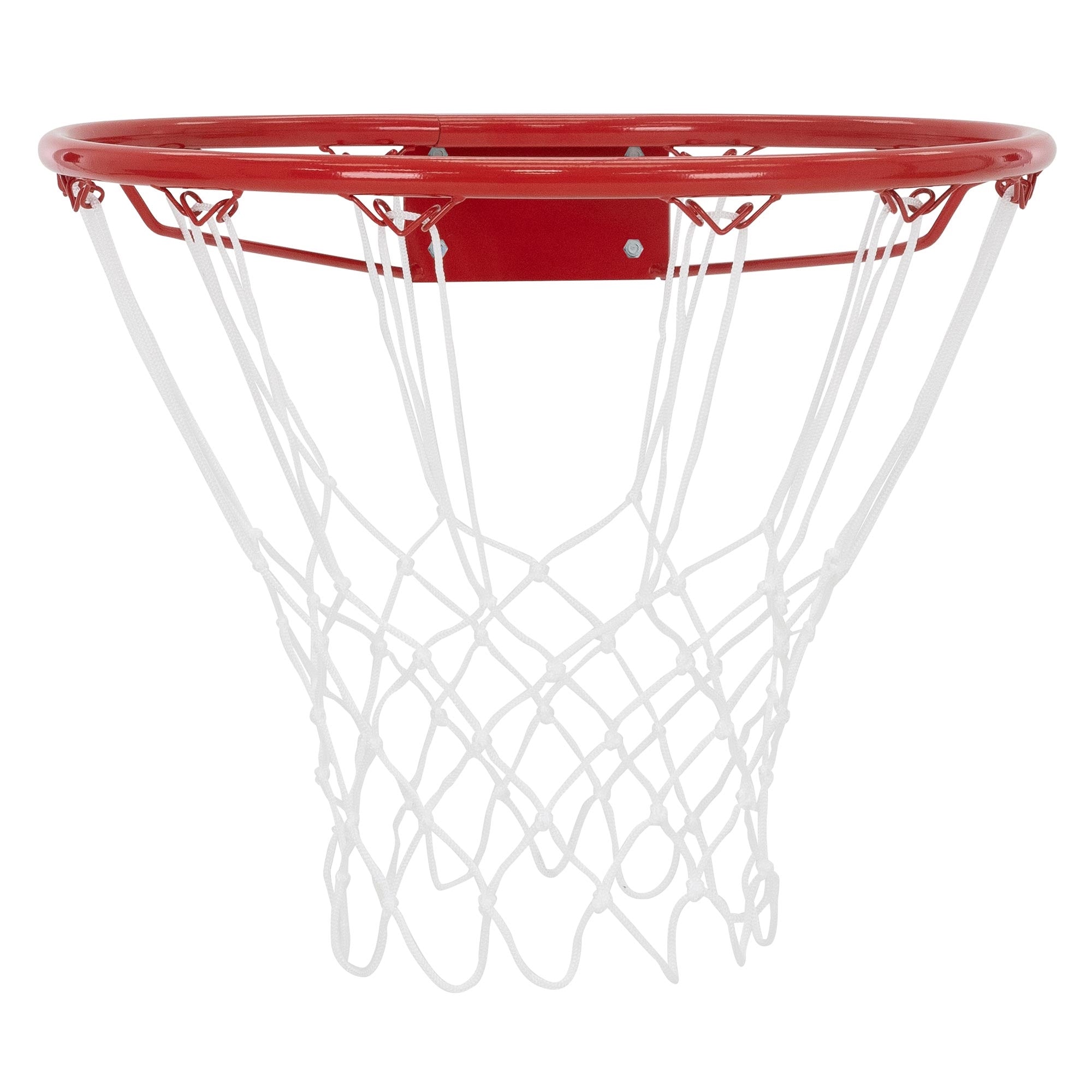 Primer plano de un aro de baloncesto con marco de metal rojo y red blanca.