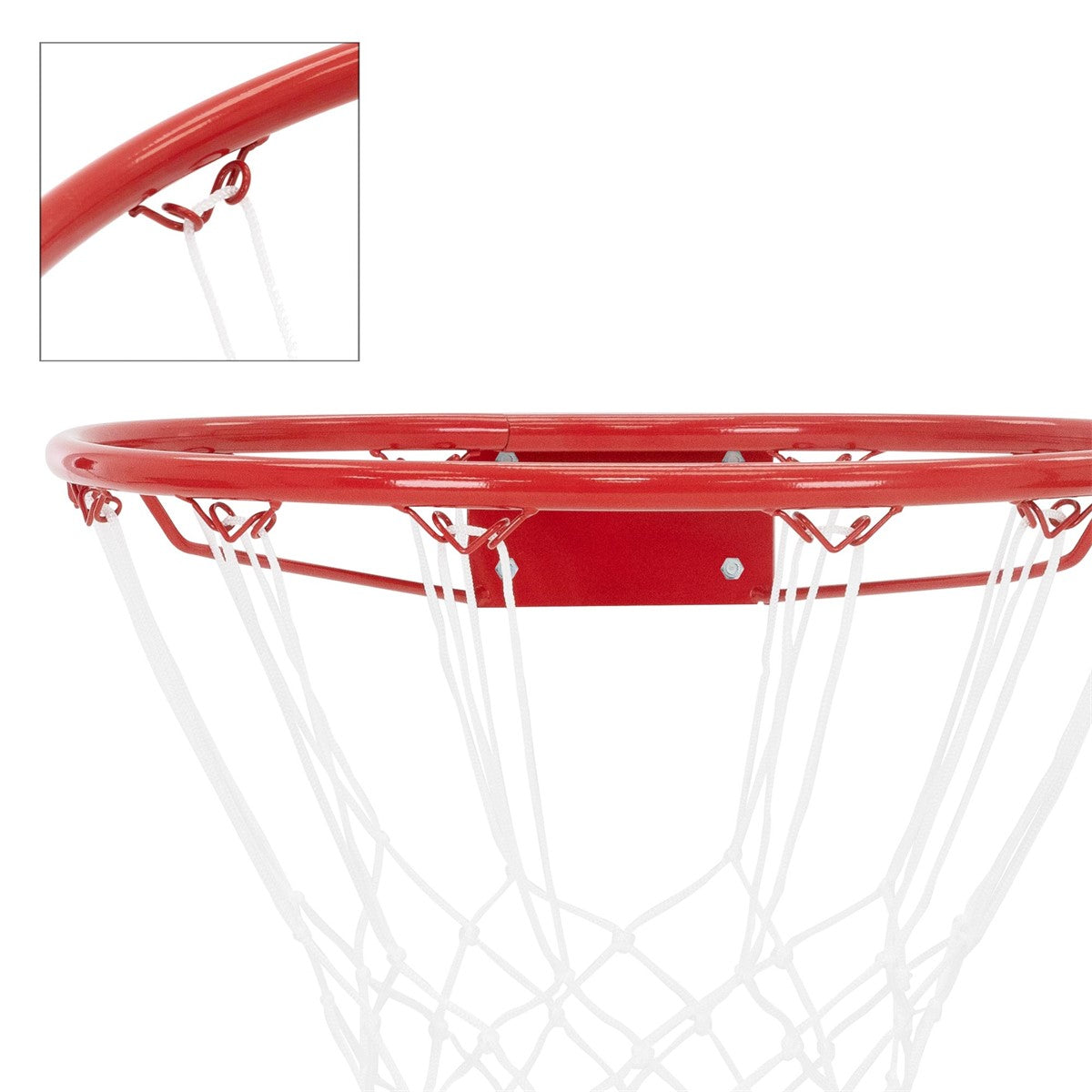Cesto de basquetebol com rede e suporte, vermelho e branco.