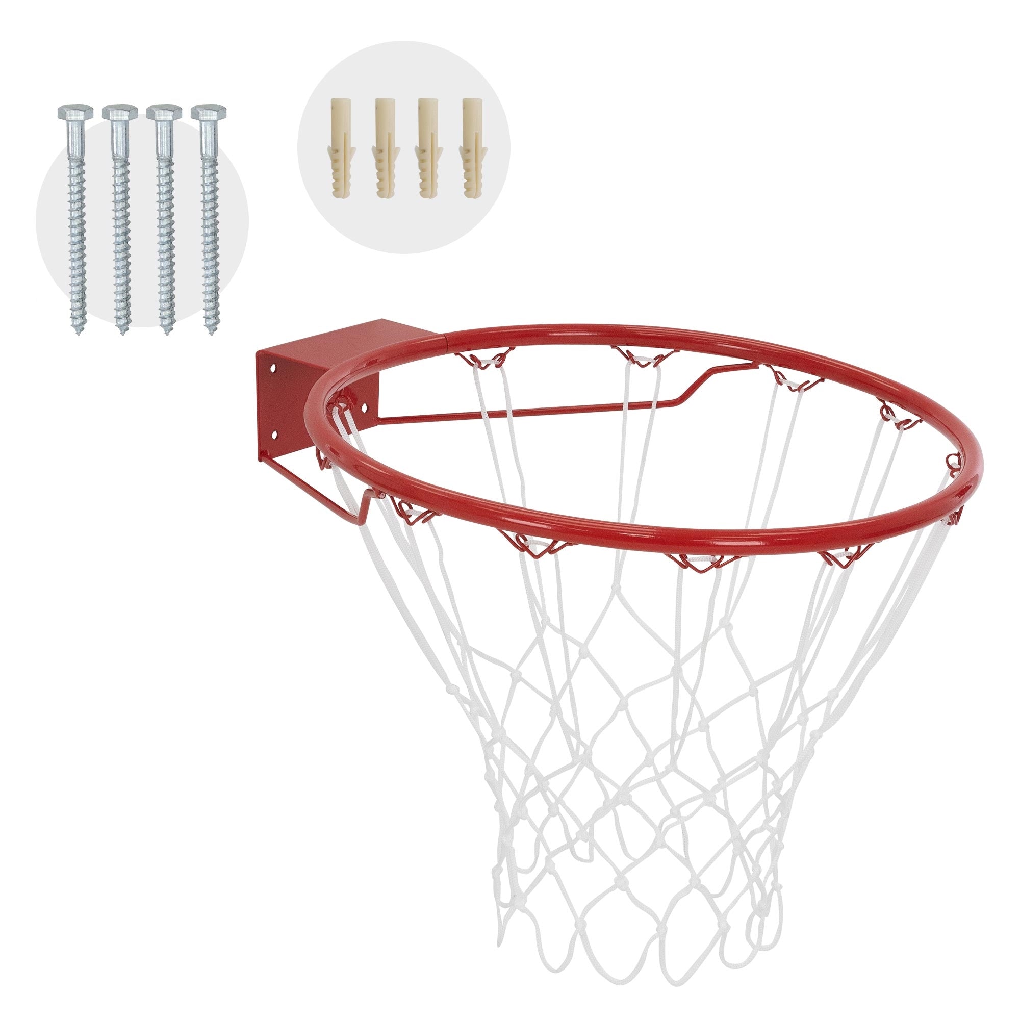 Aro de baloncesto con red y tornillos de montaje.