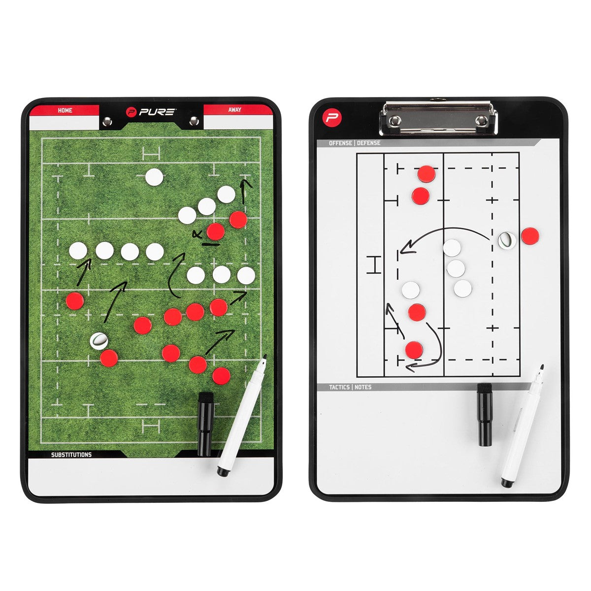 Dois quadros táticos desportivos com um campo e apontamentos.