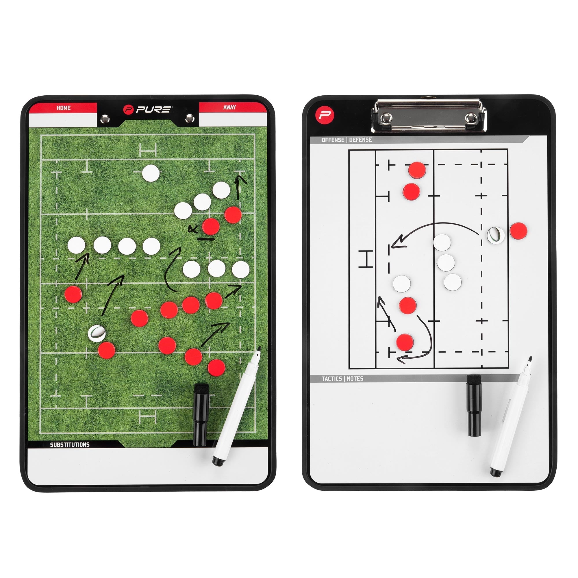 Due tavole tattiche per sport con campo da gioco e note.
