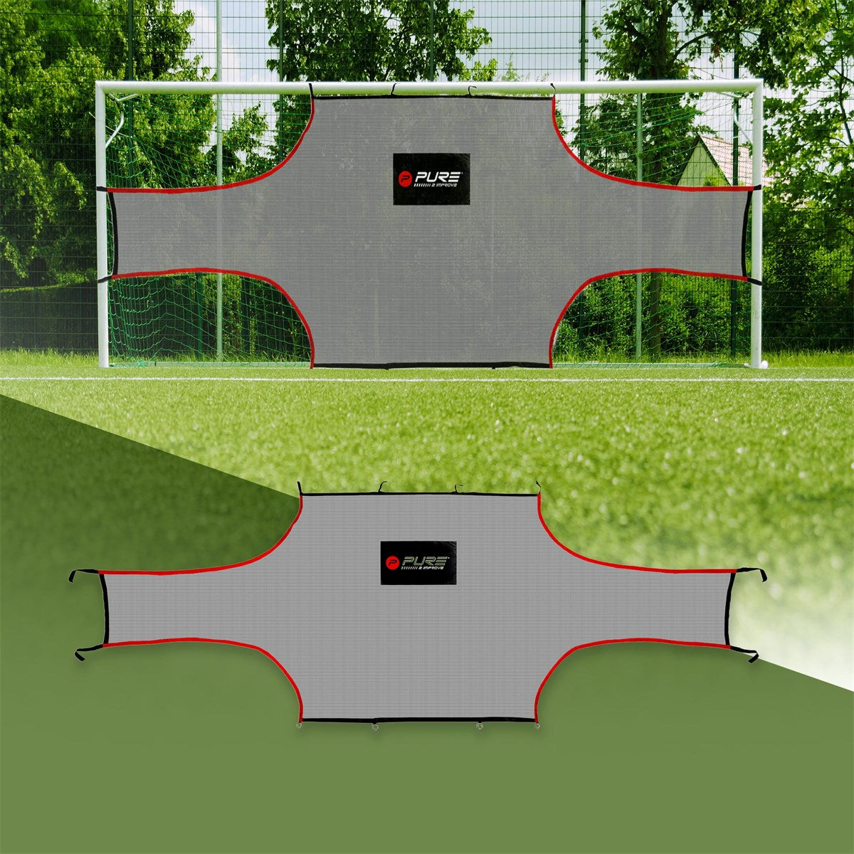 Porta da calcio con rete grigia e bordo rosso.