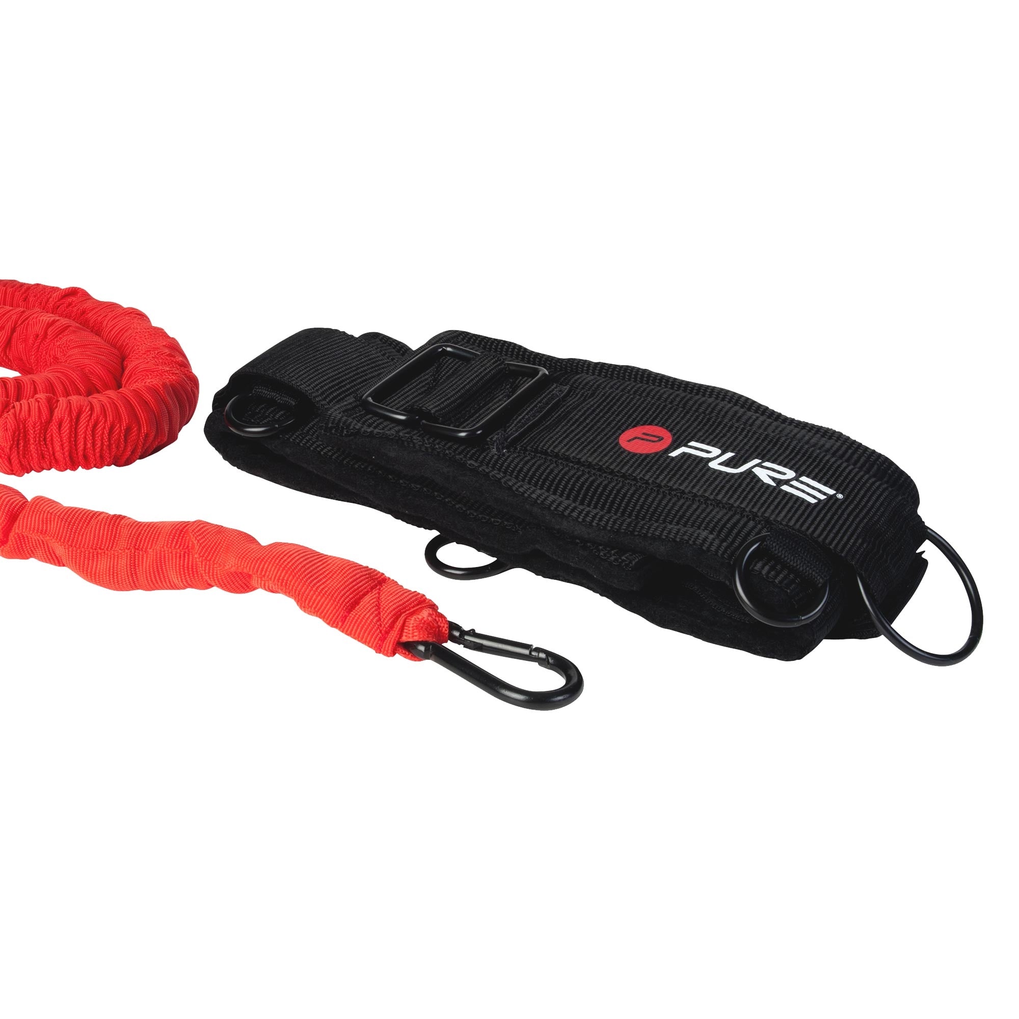 Ein schwarzes und rotes Trainingsgerät mit einem elastischen Band und Karabinern.