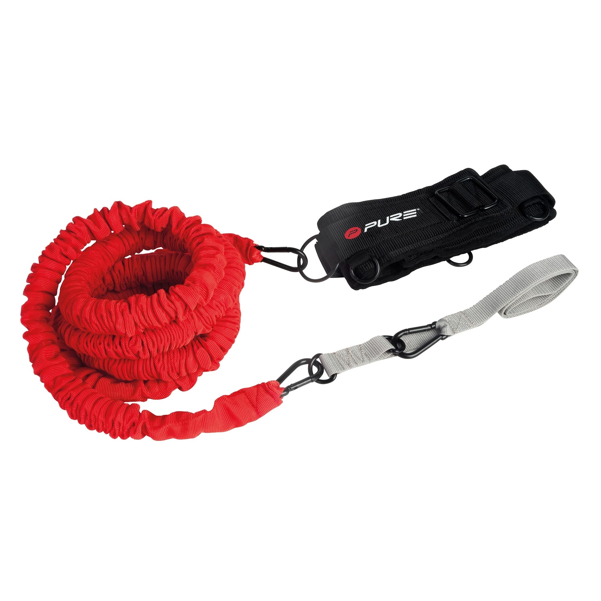 Widerstandsband in rot mit einem schwarzen Gürtel und grauem Griff.