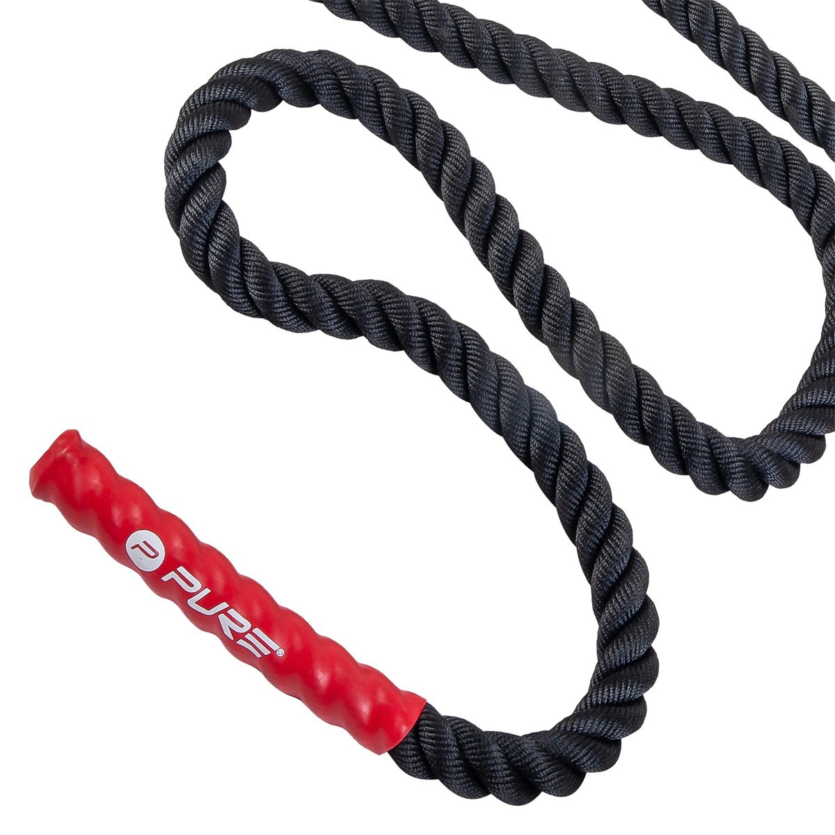 Gros plan sur une corde d’entraînement noire avec une poignée rouge.