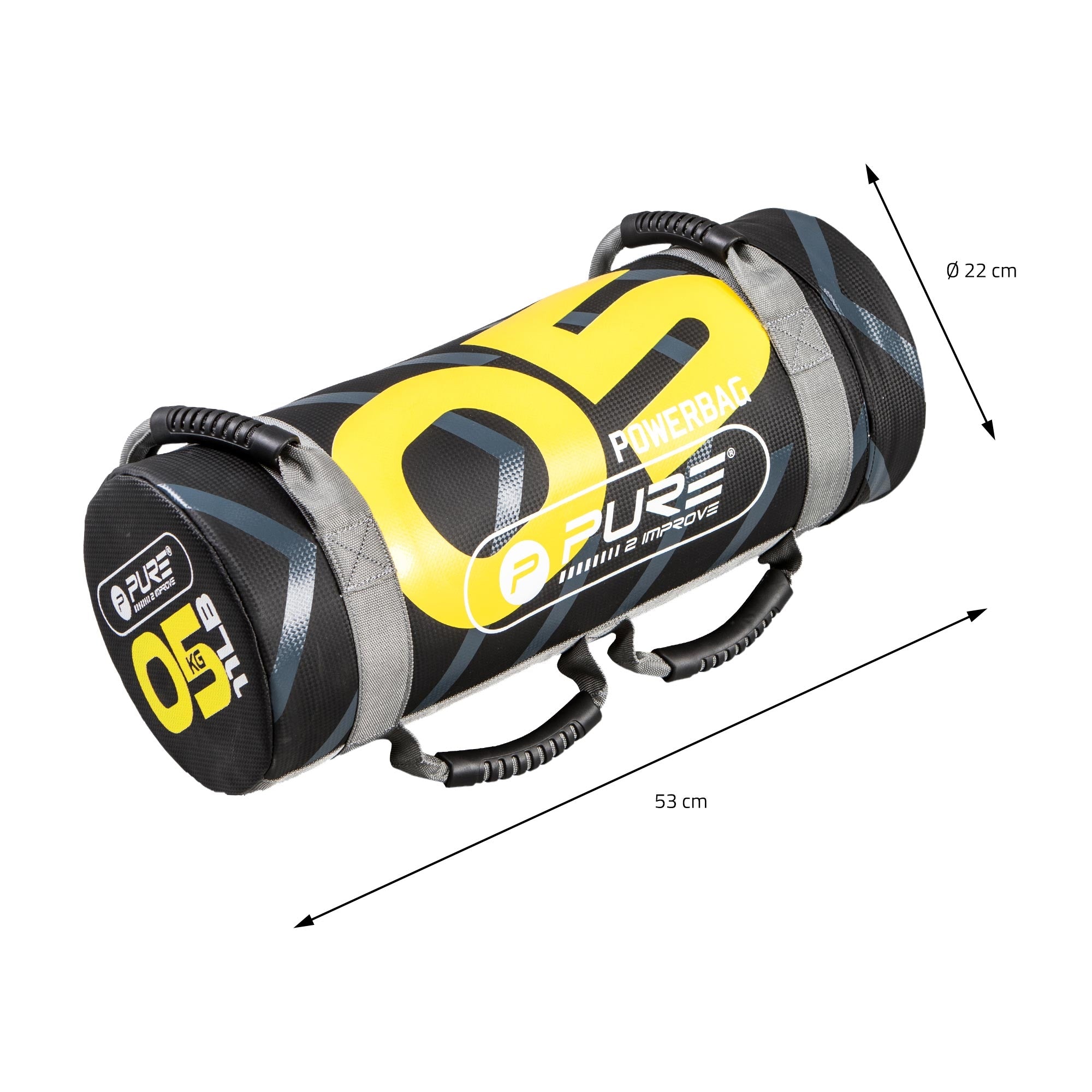 Powerbag s rozměry a dvěma rukojeťmi, černý a žlutý.