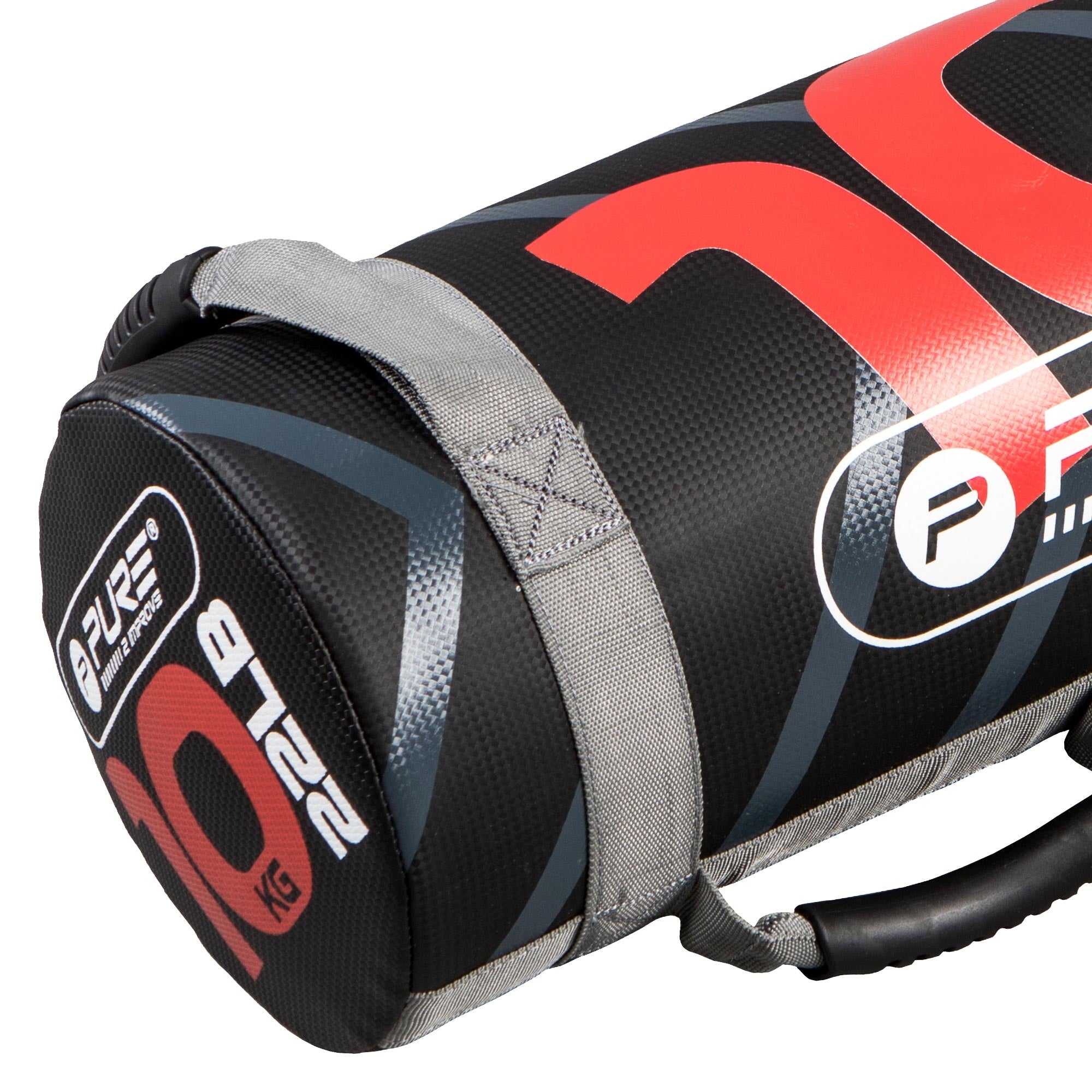 Primer plano de un Powerbag con diseño rojo y negro.