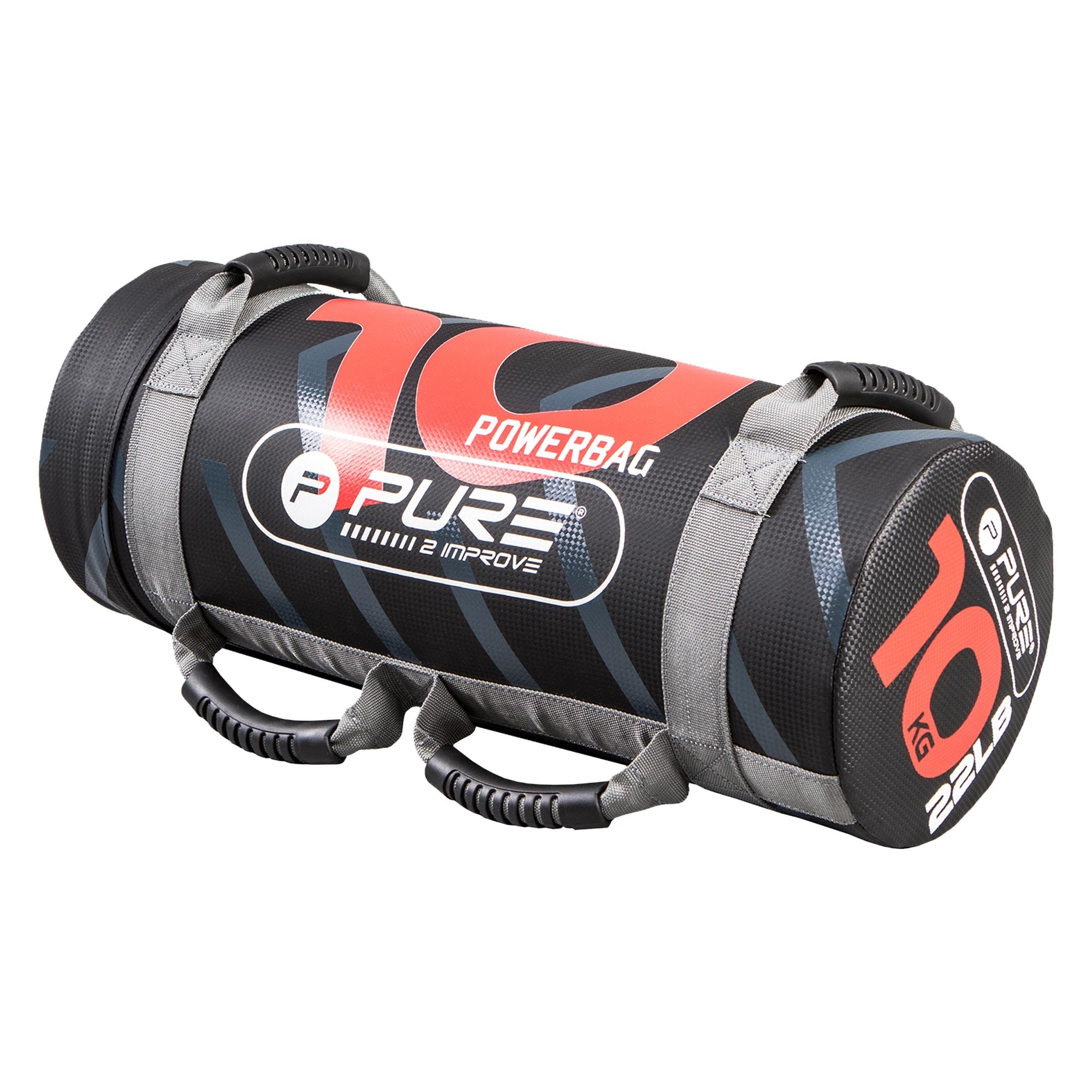 Powerbag redondo de 10 kg, negro con acentos rojos y grises.