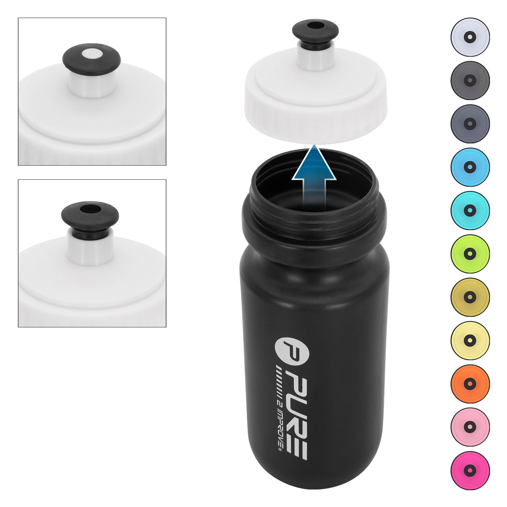 Black water bottle with removable lid and various color options.