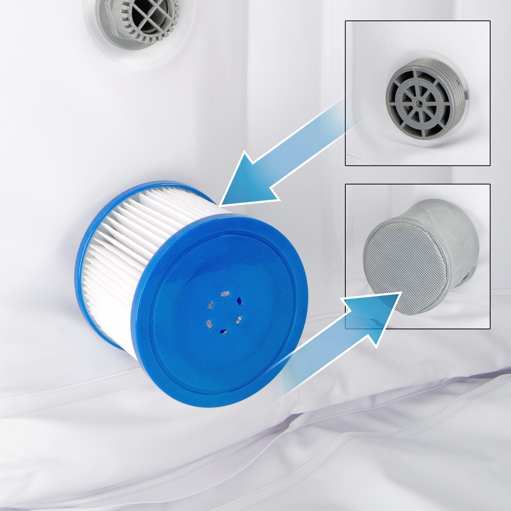 A blue filter with white slats and two arrows pointing to two small filters.