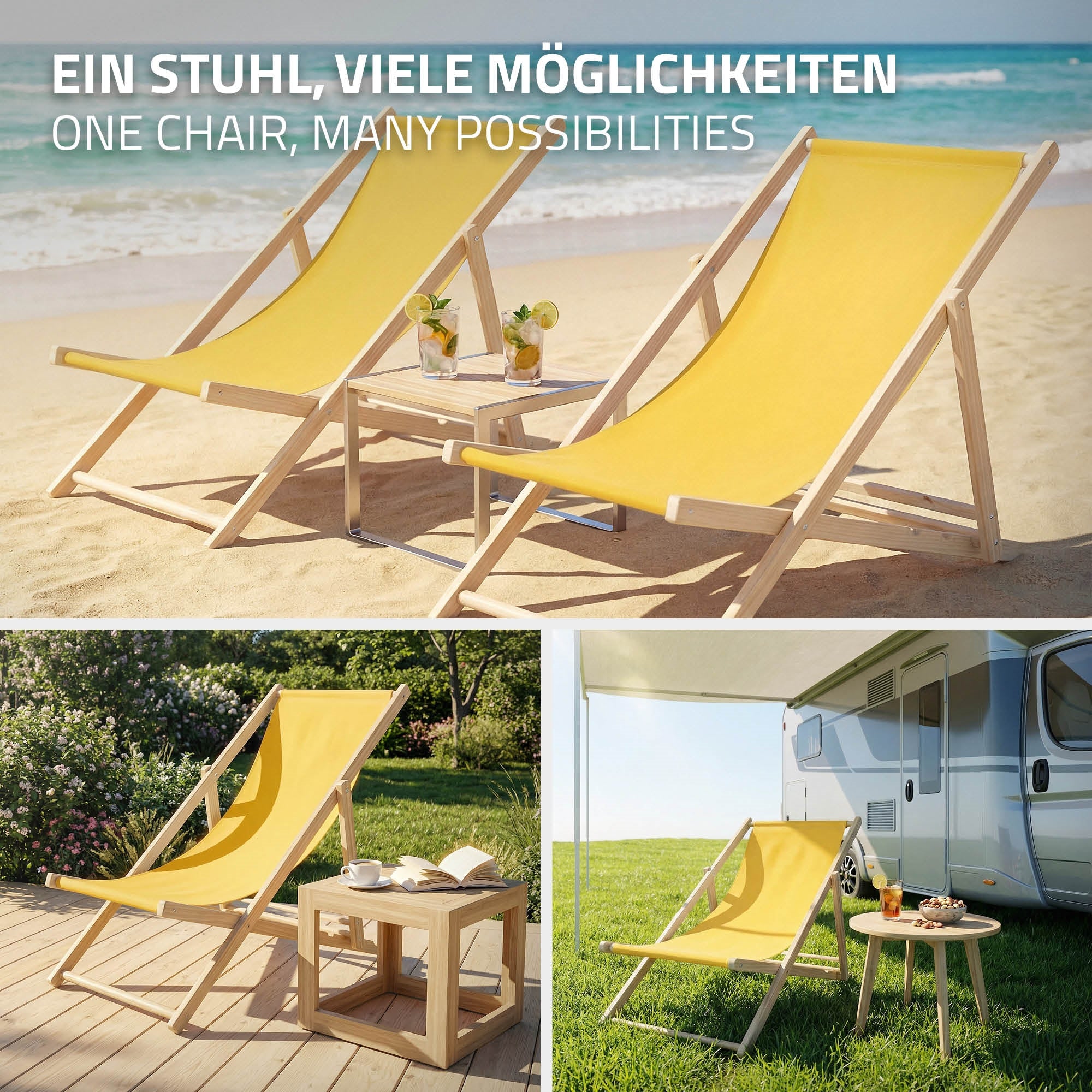 Két sárga napozóágy a strandon egy asztallal és italokkal.