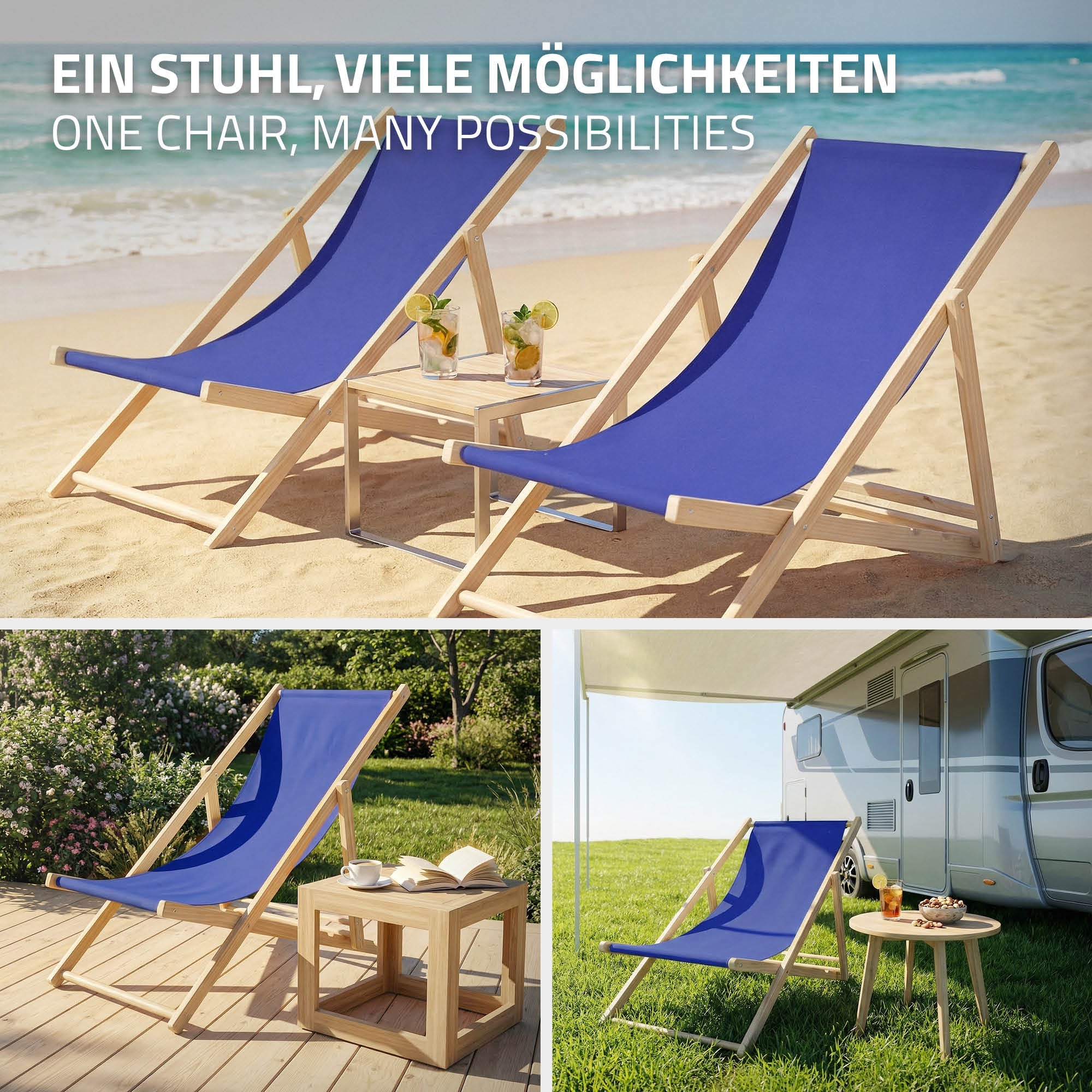 Drei blaue Liegestühle am Strand mit Tisch.