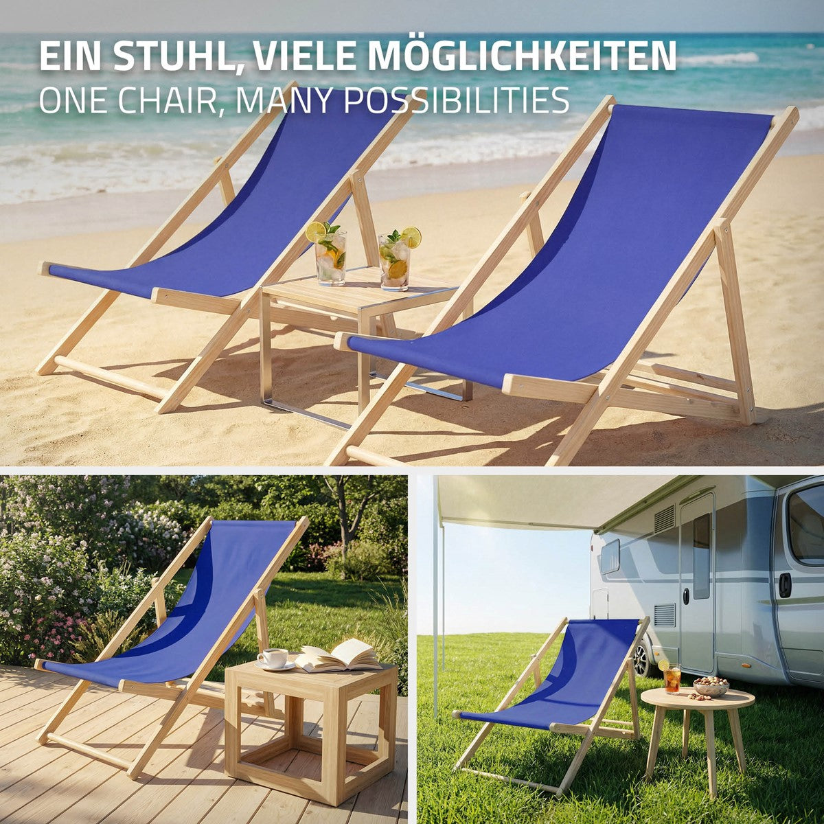 Drei blaue Liegestühle am Strand mit Tisch.