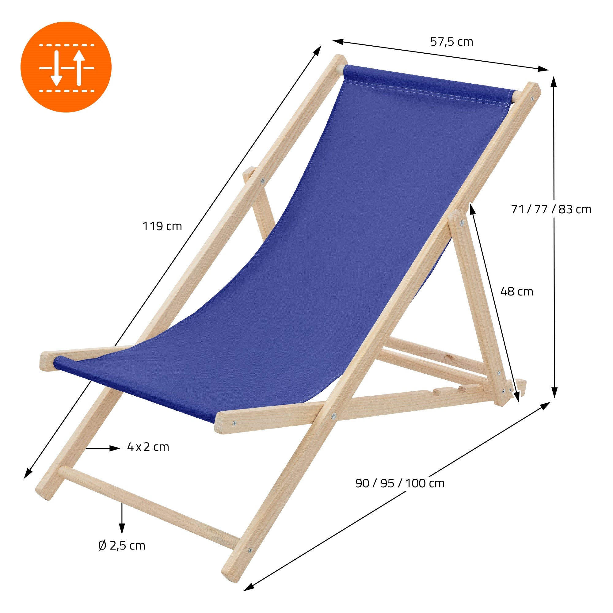 Blaue Strandliege mit Holzgestell und Maßangaben.