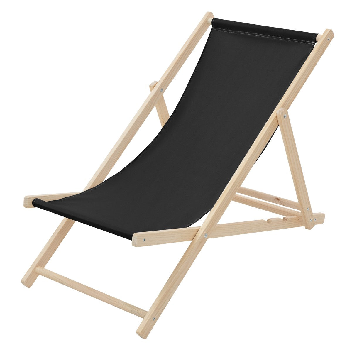A black wooden deck chair on a white background.