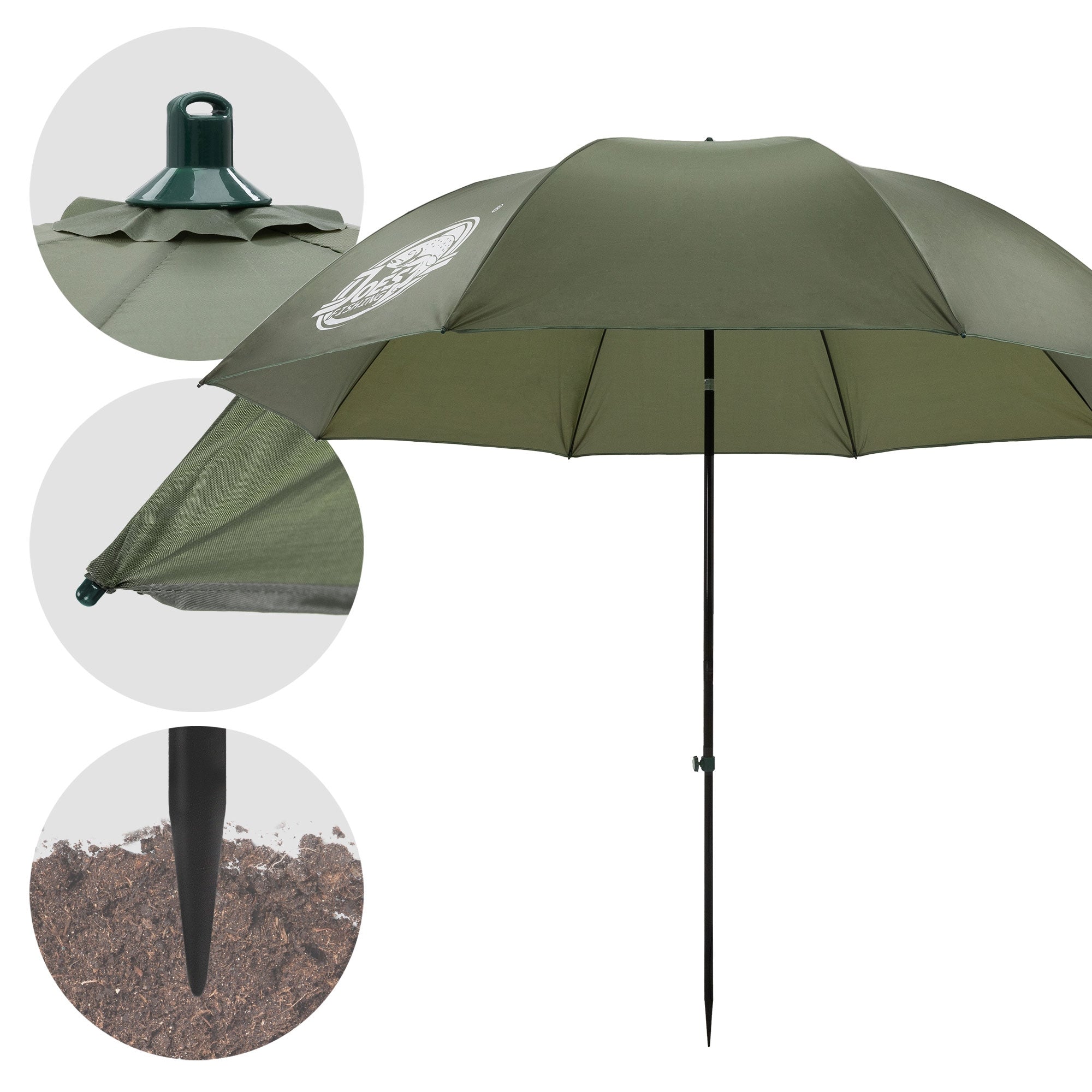 Grøn parasol med en rund øverste ende og en spids fod.